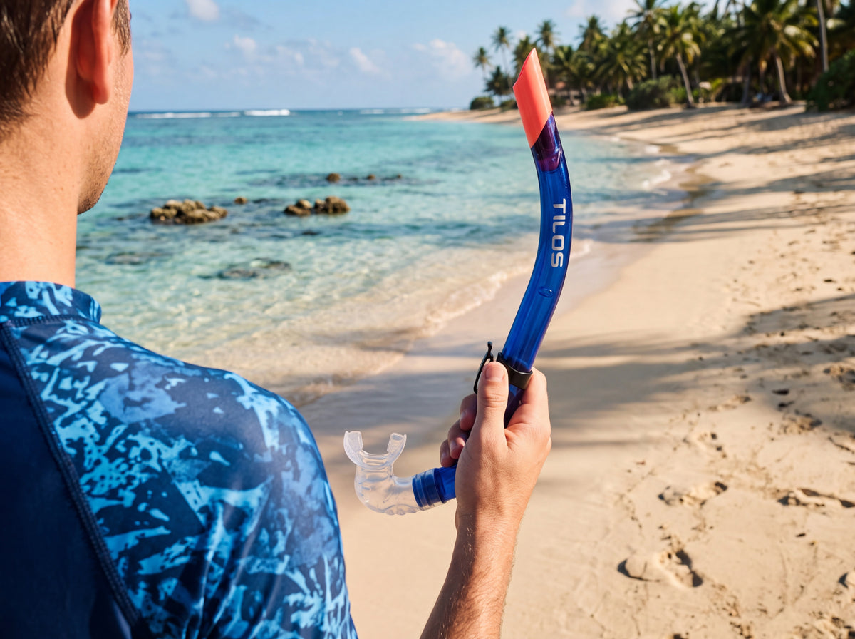 Over the shoulder view of a snorkeler walking along a sunlit tropical beach, carrying a Transparent Blue Tilos JX2 Flex Snorkel toward the water