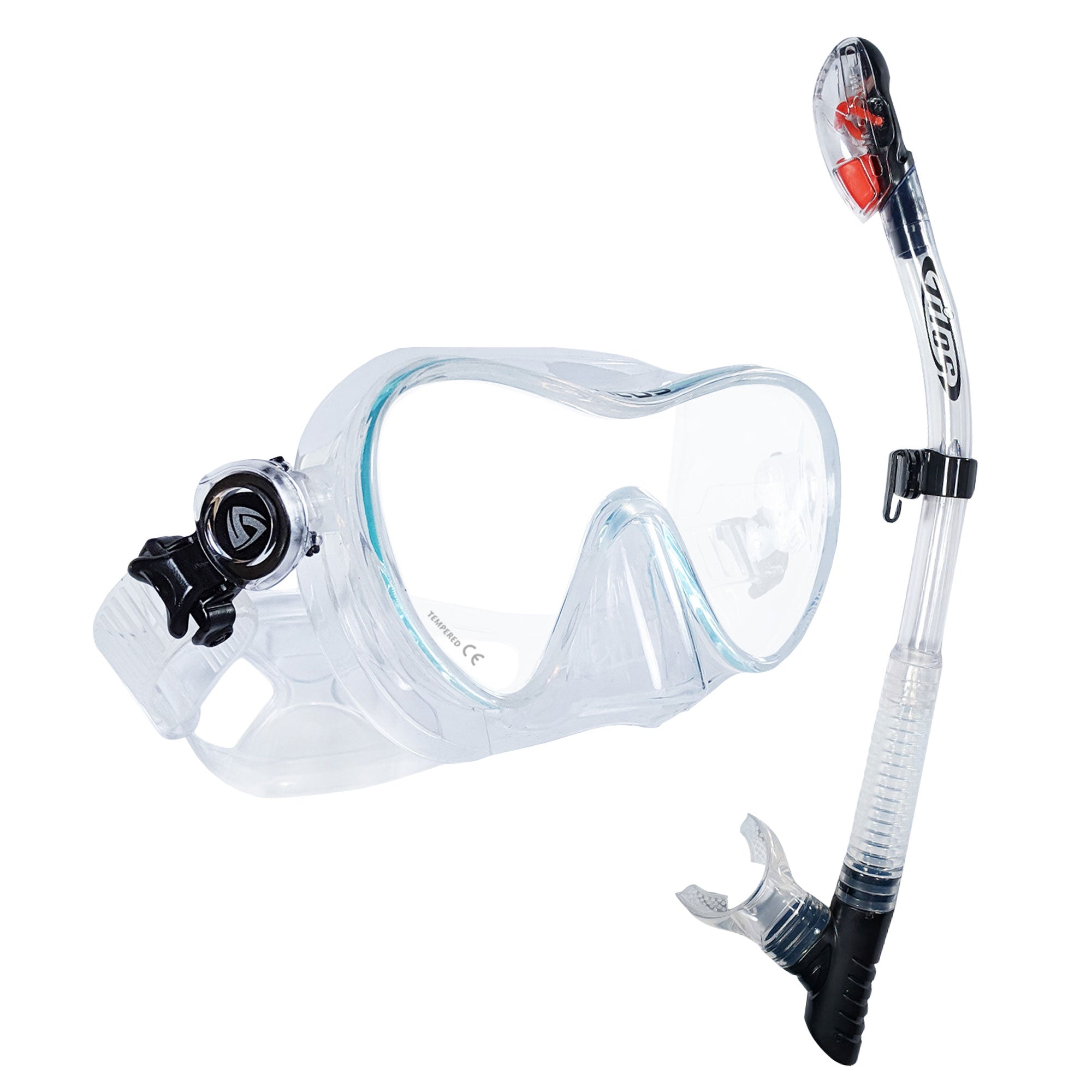 Tilos CoveOps  Mask with Ari Dry Snorkel Combo Set in clear — mask and snorkel set, alternate view
