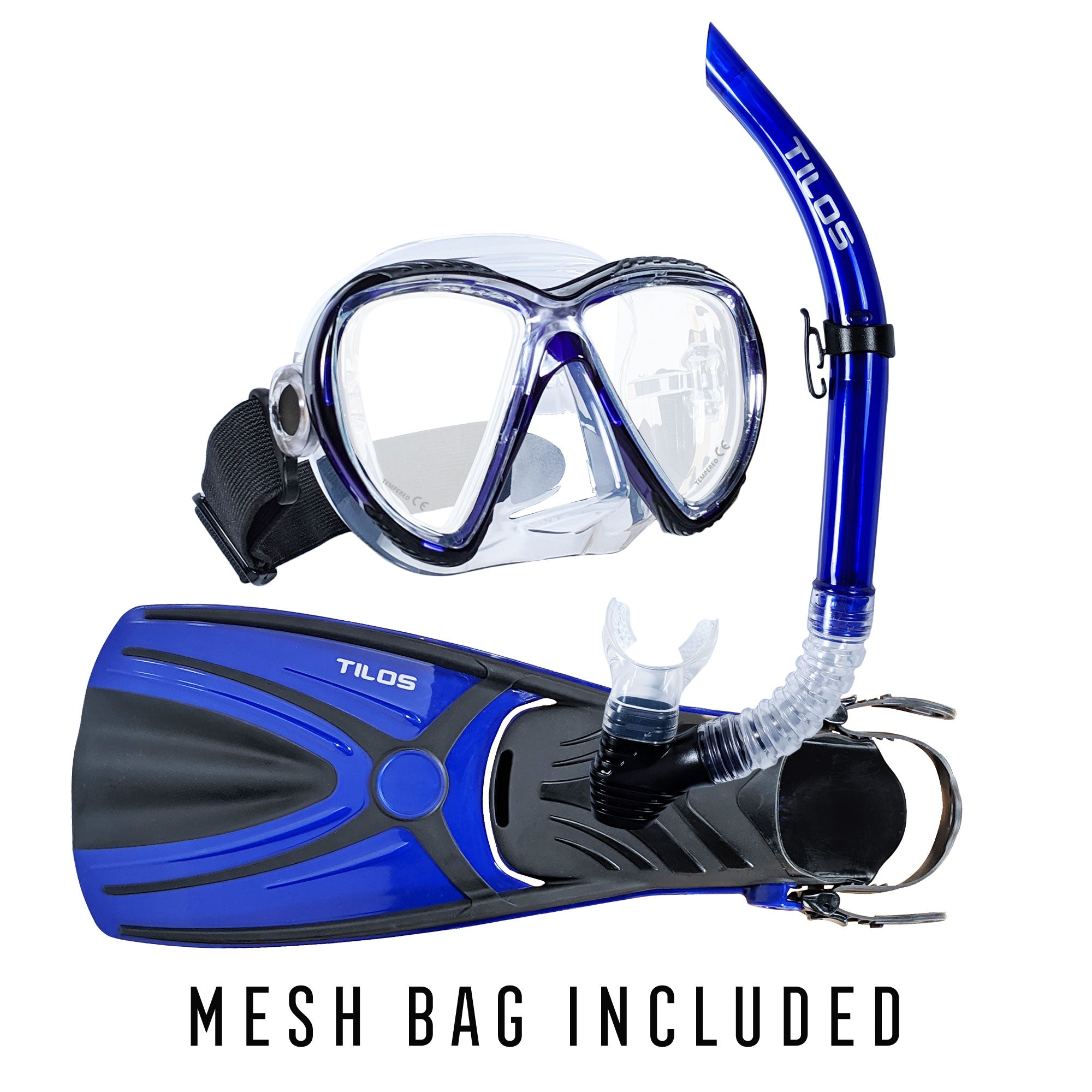 Tilos Cogito Mask with U-Pro II Snorkel and Aubade Fins Package in blue — set components detail view