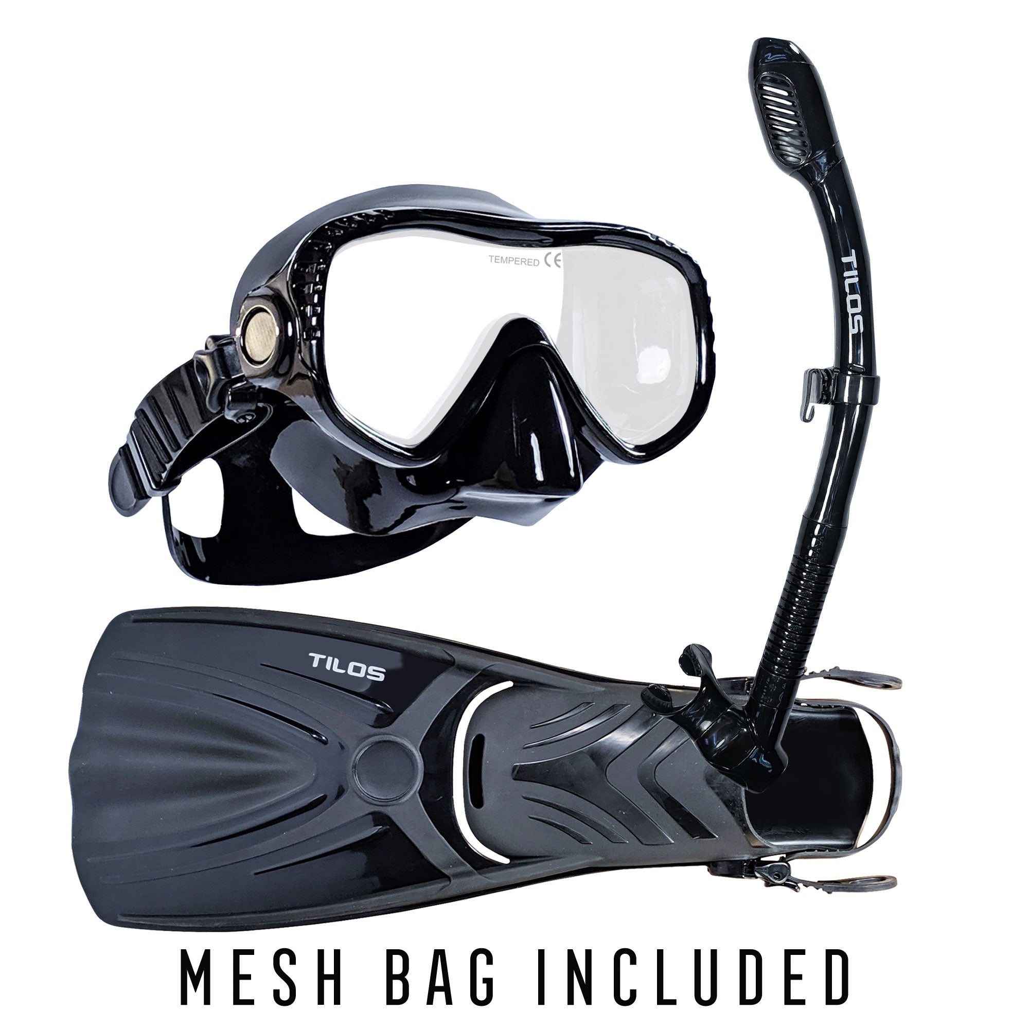 Tilos Visionary II Mask, Diver Sleek Dry Snorkel and Aubade Fins Set in black — set components detail view