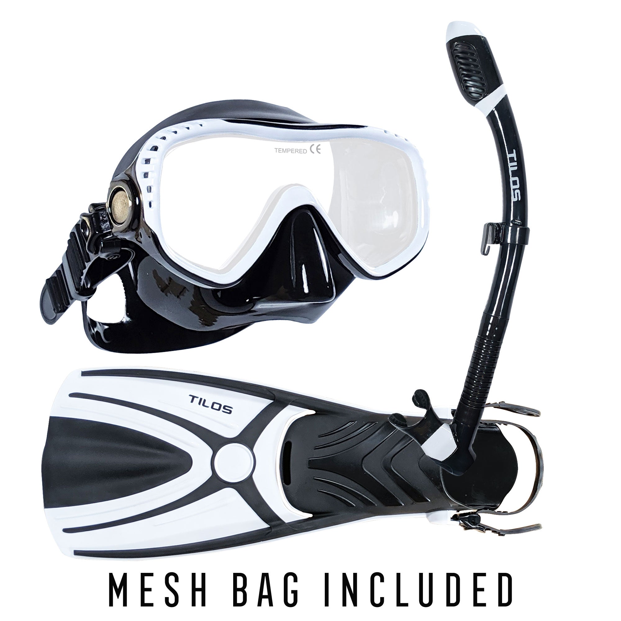 Tilos Visionary II Mask, Diver Sleek Dry Snorkel and Aubade Fins Set in white — complete mask, snorkel, and fin set