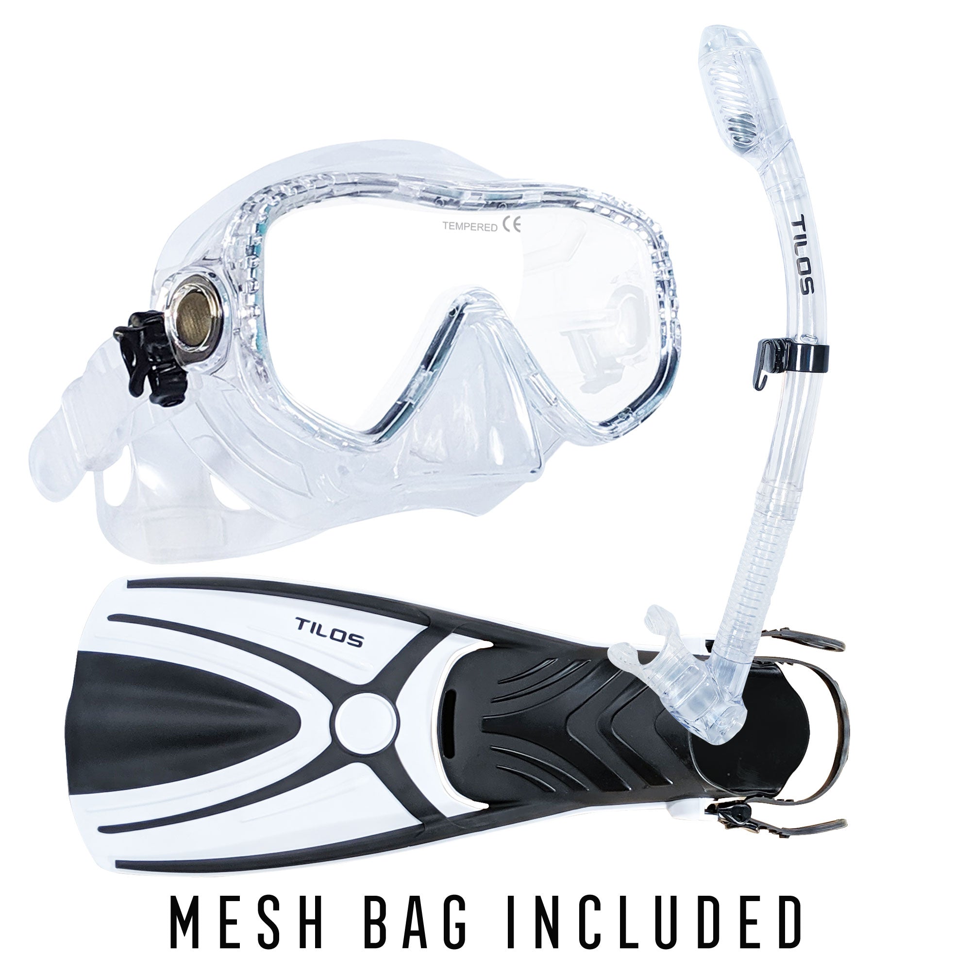 Tilos Visionary II Mask, Diver Sleek Dry Snorkel and Aubade Fins Set in clear — set components detail view