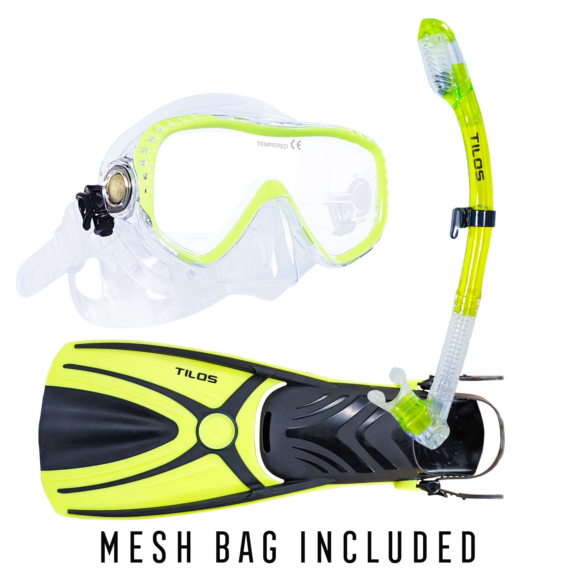 Tilos Visionary II Mask, Diver Sleek Dry Snorkel and Aubade Fins Set in yellow — set components detail view