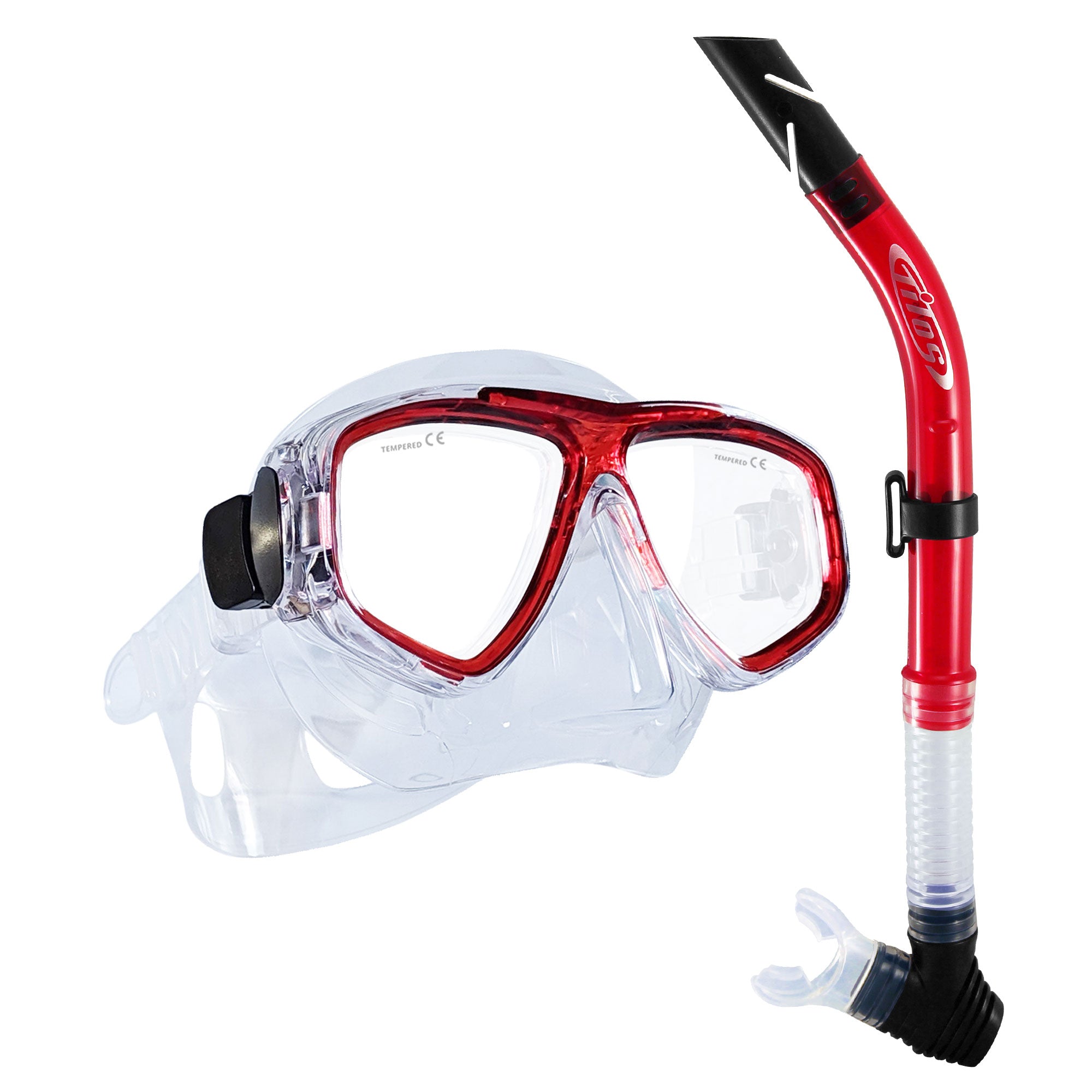 Tilos Fantasia Mask with Splash Snorkel Combo Set in red — mask and snorkel set, alternate view