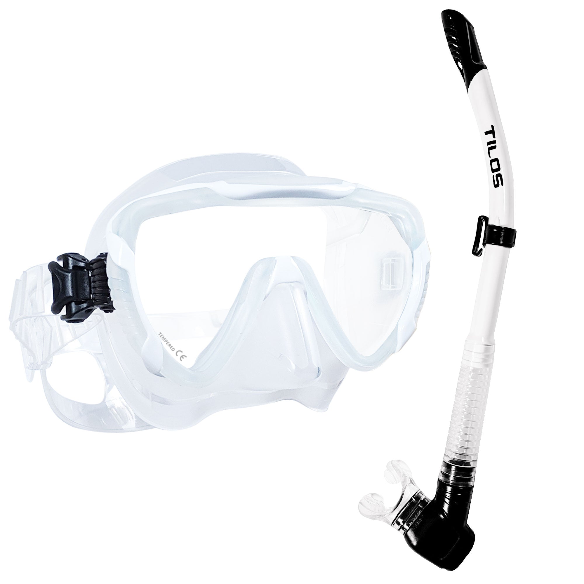 Tilos Morphi Mask with Hi-Flow II Semi-Dry Snorkel Combo Set in white — mask and snorkel set, product view