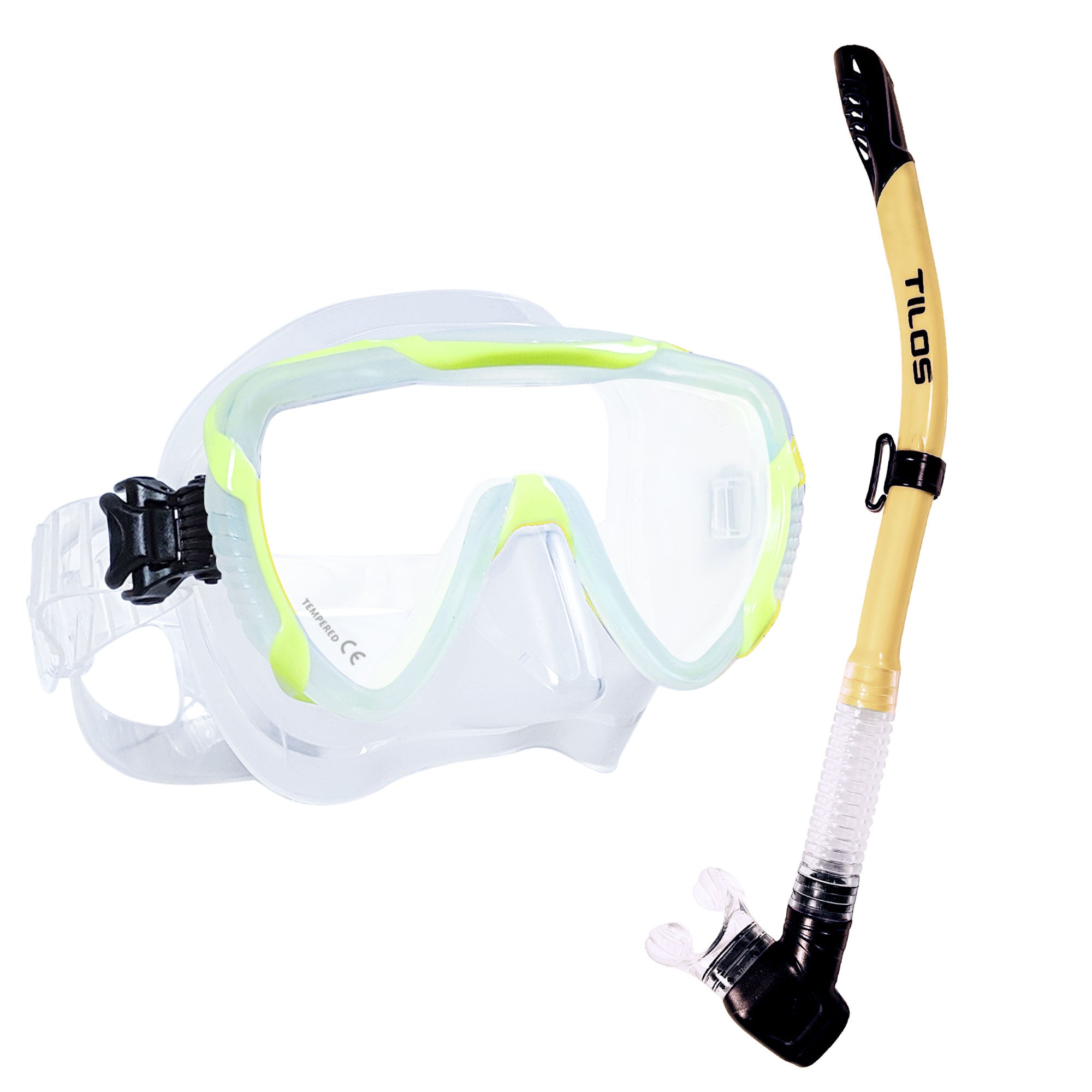 Tilos Morphi Mask with Hi-Flow II Semi-Dry Snorkel Combo Set in yellow — mask and snorkel set, alternate view