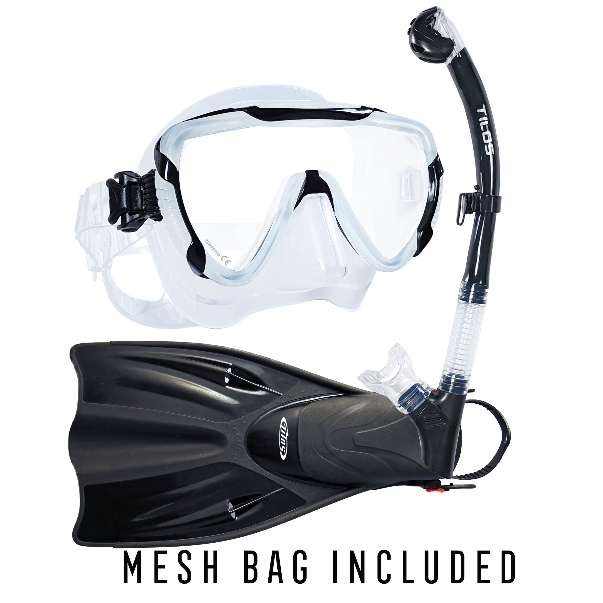 Tilos Morphi Mask with Orion Dry Snorkel and Getaway OH Fins Package in black — mask and snorkel set, alternate view