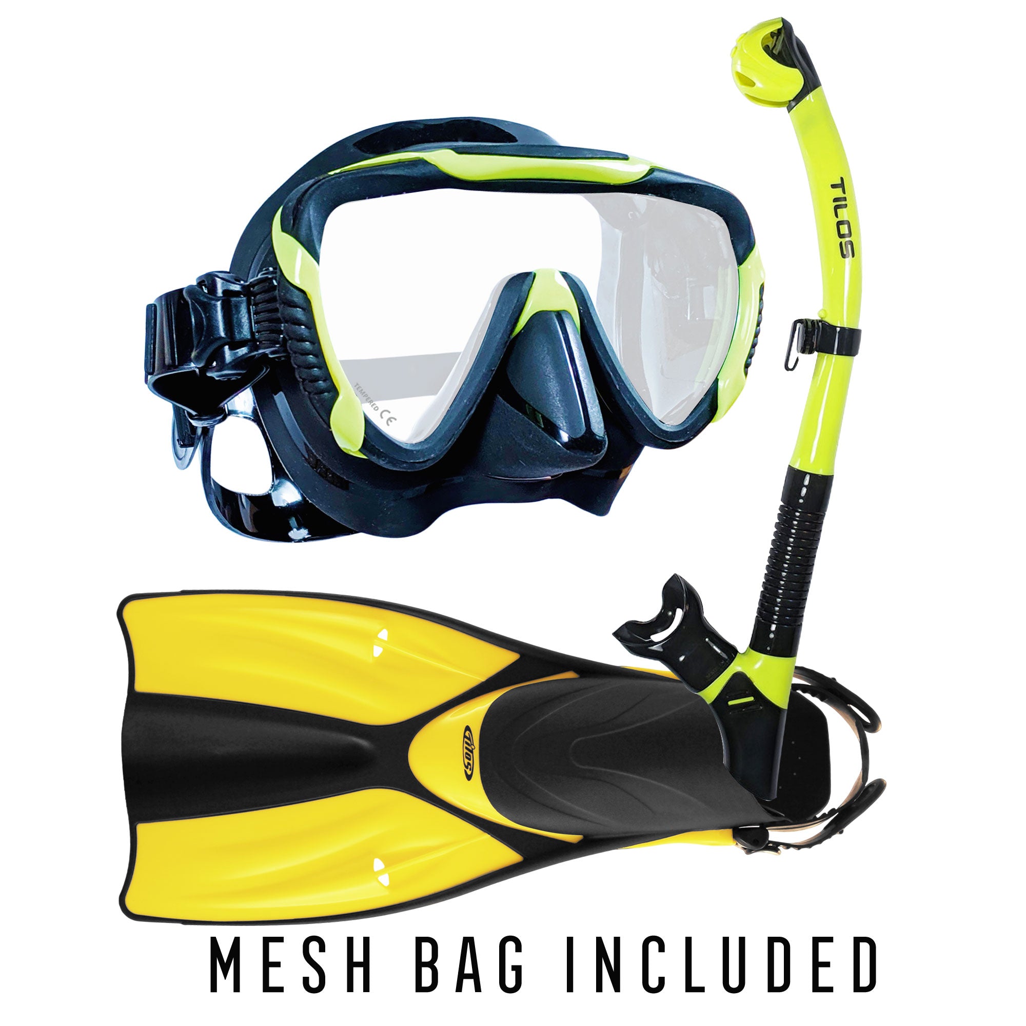 Tilos Morphi Mask with Orion Dry Snorkel and Getaway OH Fins Package in yellow — mask and snorkel set, product view