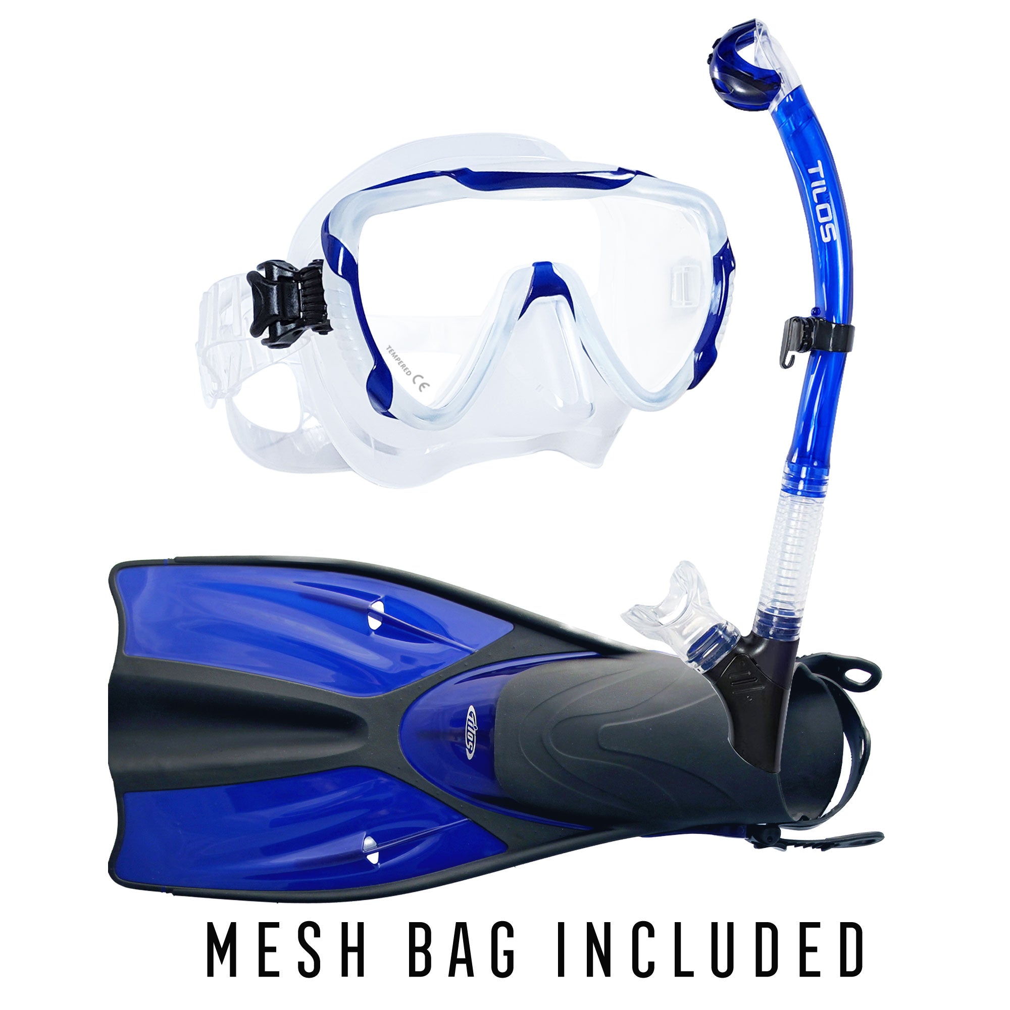 Tilos Morphi Mask with Orion Dry Snorkel and Getaway OH Fins Package in teal blue — mask and snorkel set, alternate view