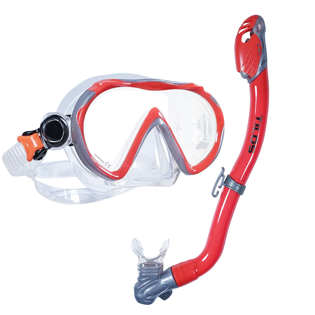 Tilos Jovie Mask with SOS Whistle Dry Snorkel Jr. Combo Set in red — mask and snorkel set, product view