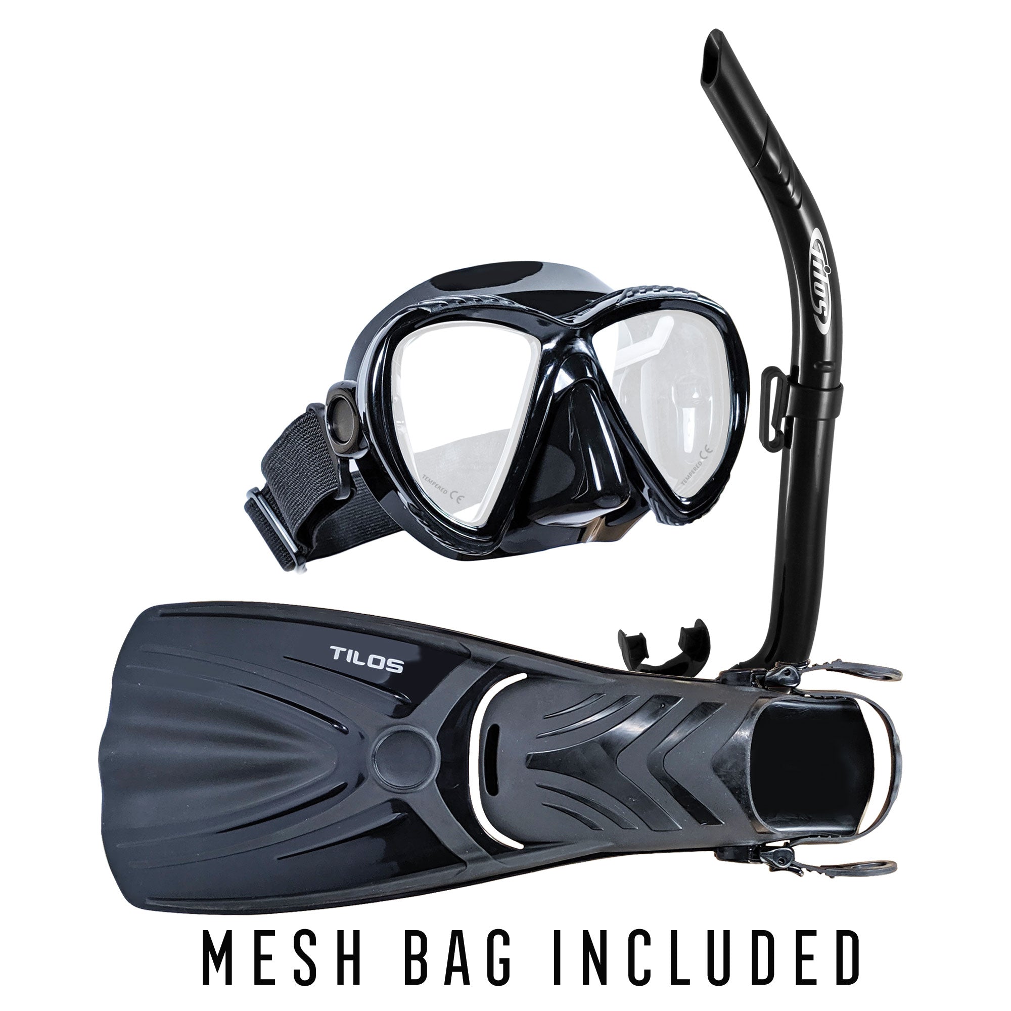 Tilos Cogito Mask, JX2 Snorkel, and Aubade Fin Snorkeling Package in black — set components detail view