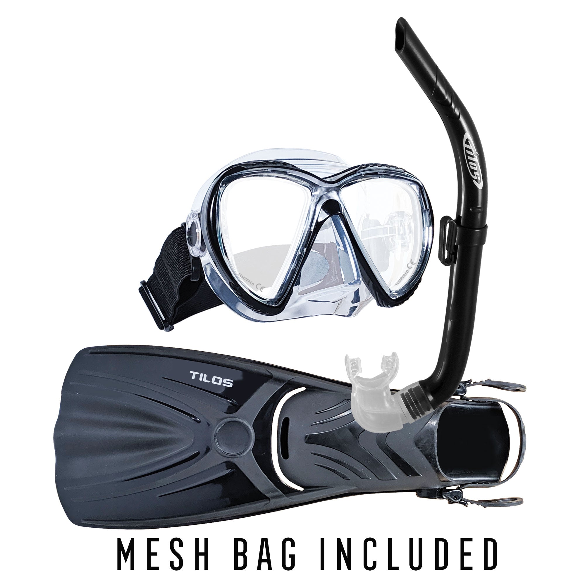 Tilos Cogito Mask, JX2 Snorkel, and Aubade Fin Snorkeling Package in black — set components detail view