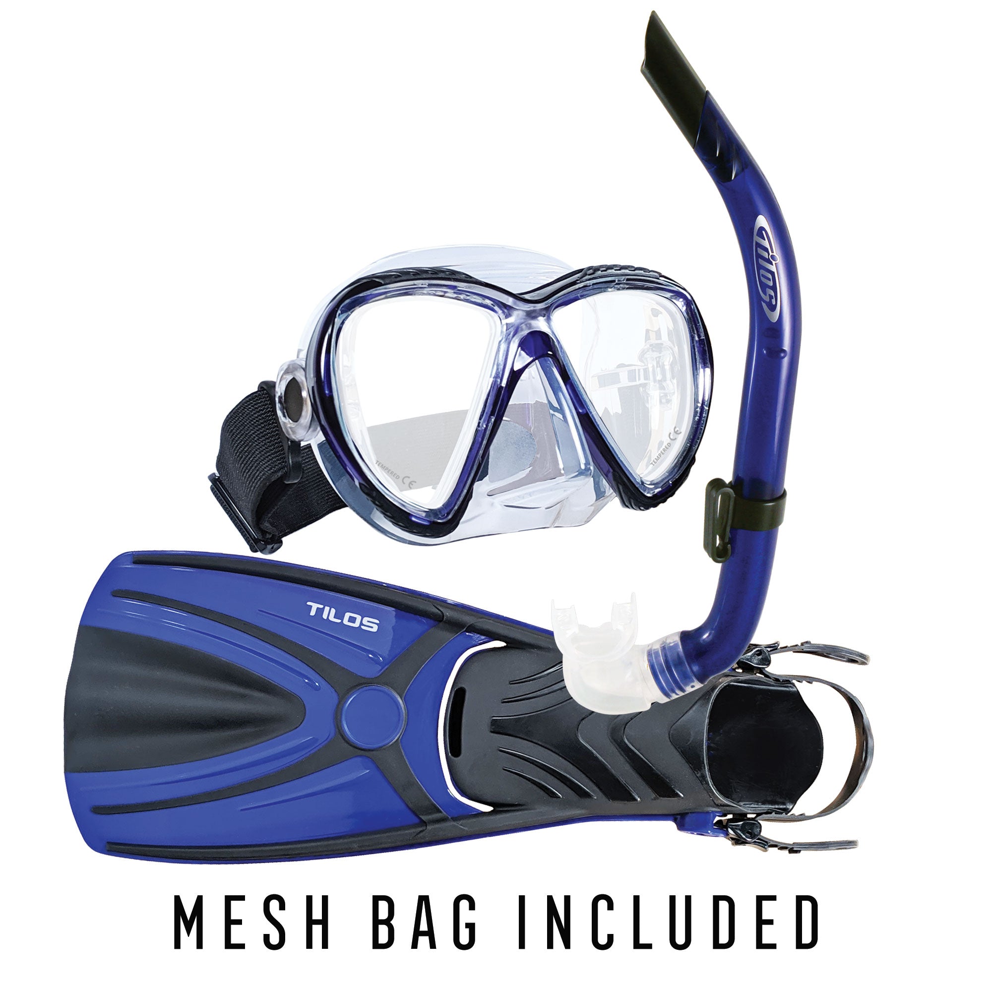 Tilos Cogito Mask, JX2 Snorkel, and Aubade Fin Snorkeling Package in blue — complete mask, snorkel, and fin set