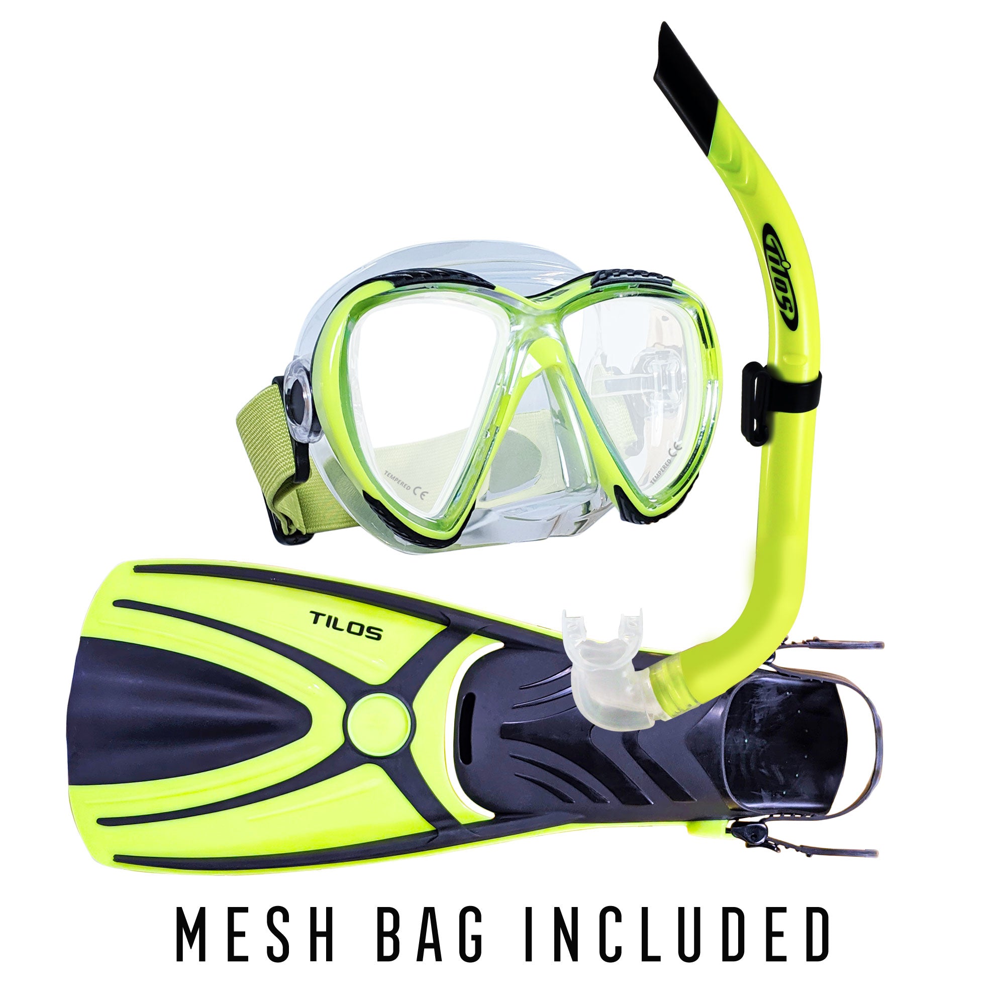 Tilos Cogito Mask, JX2 Snorkel, and Aubade Fin Snorkeling Package in yellow — set components detail view