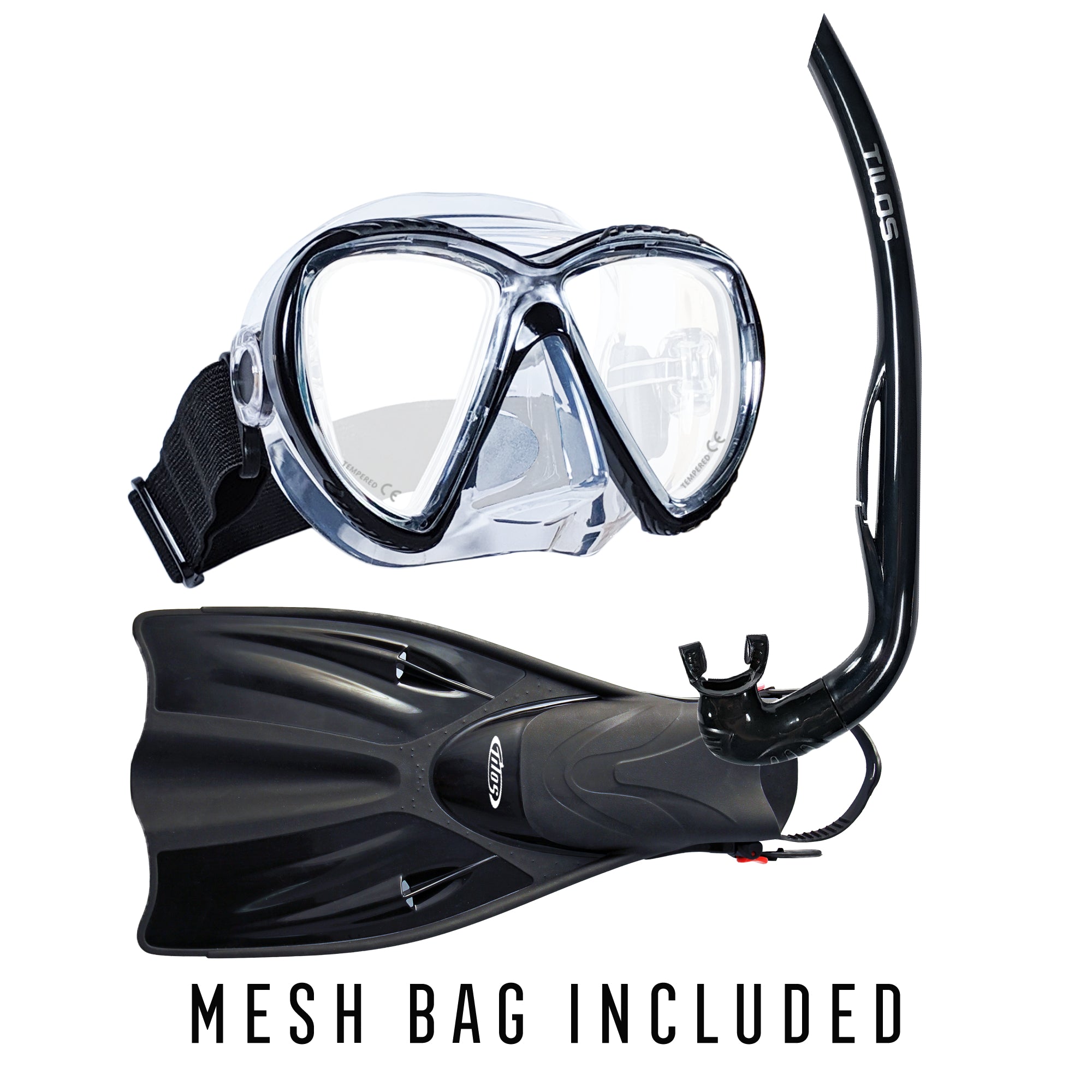 Snorkeler using the complete Tilos Cogito Mask with Basic J Snorkel and Getaway Fins set