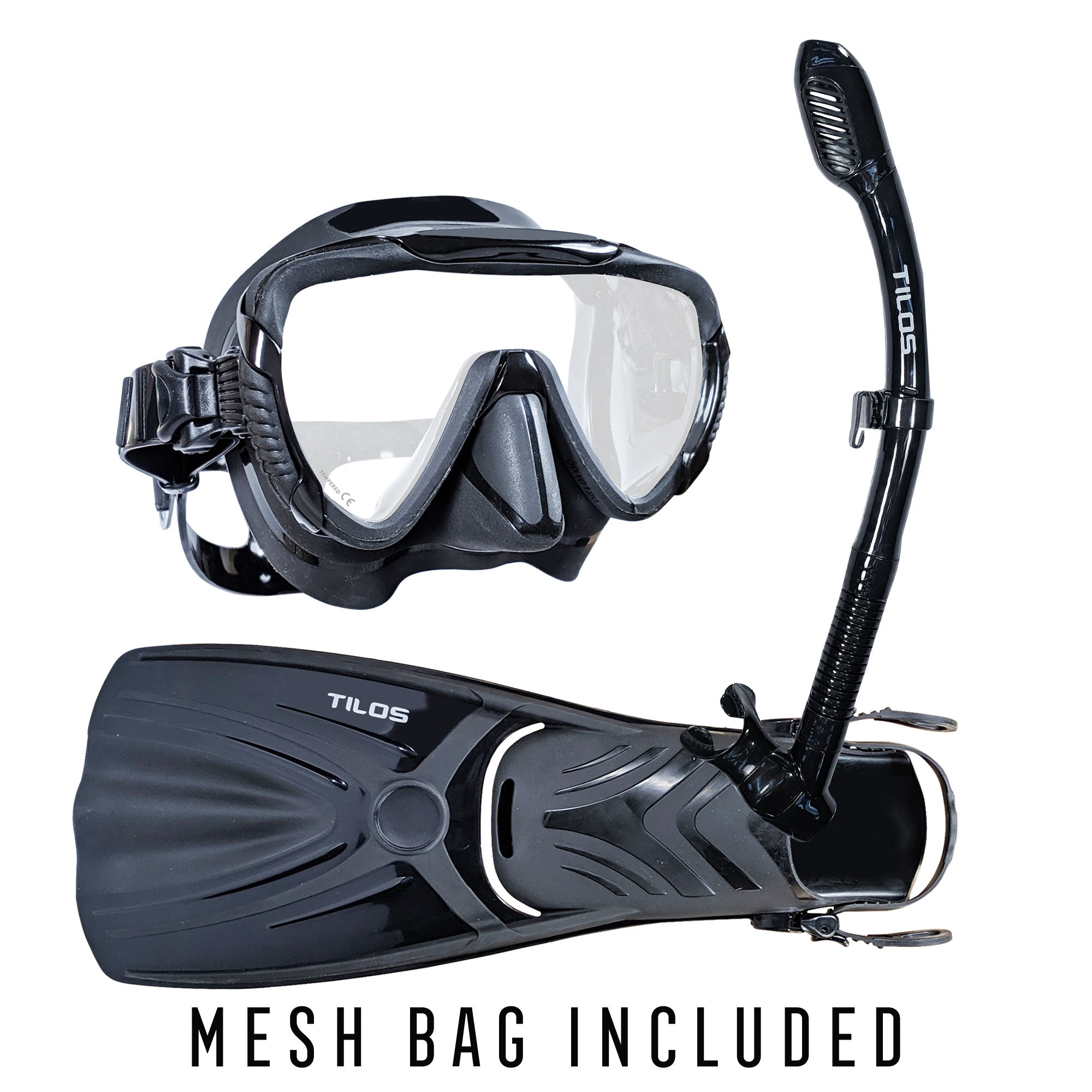 Tilos Morphi Mask with Diver Sleek Dry Snorkel and Aubade Fins Package in black — set components detail view