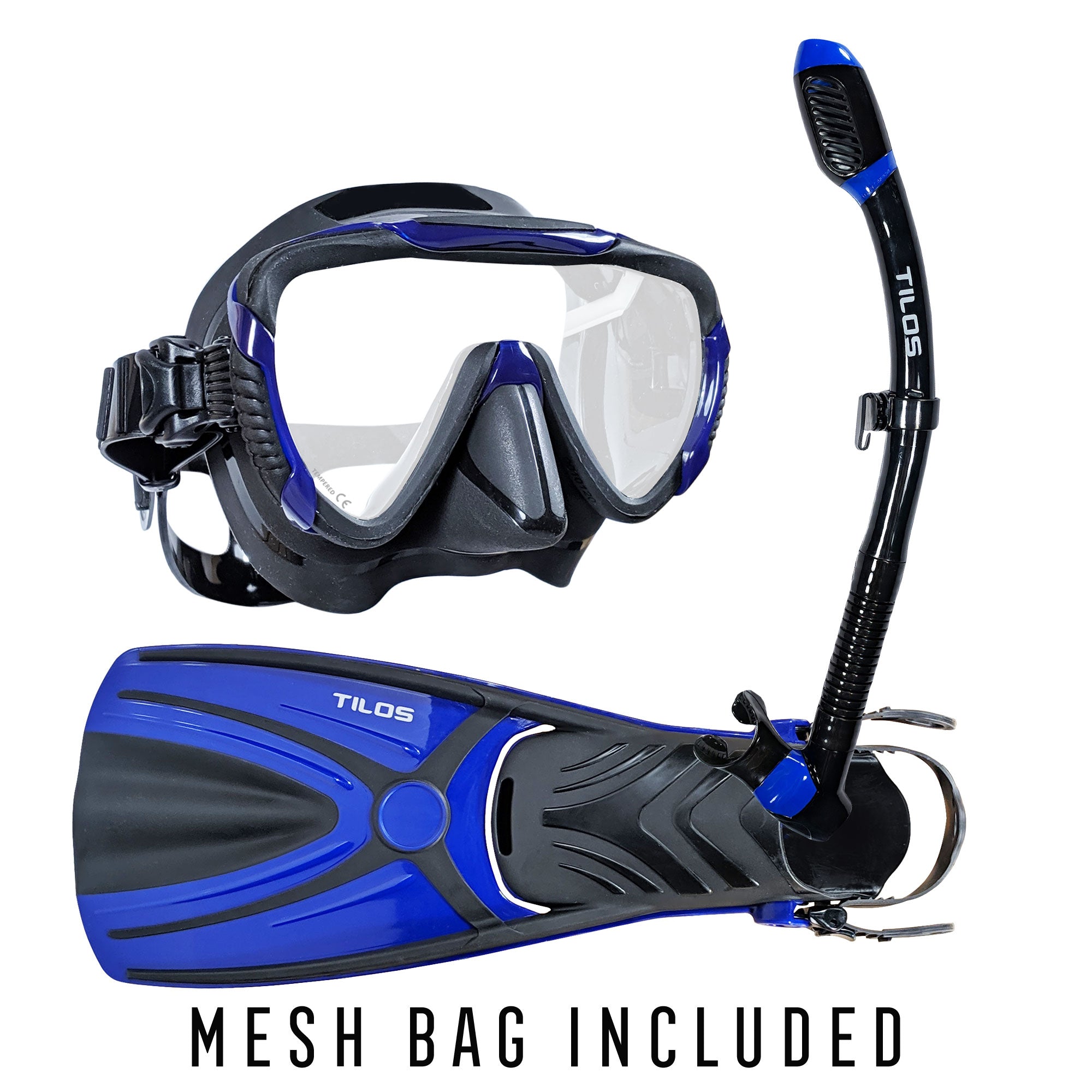 Tilos Morphi Mask with Diver Sleek Dry Snorkel and Aubade Fins Package in blue — set components detail view