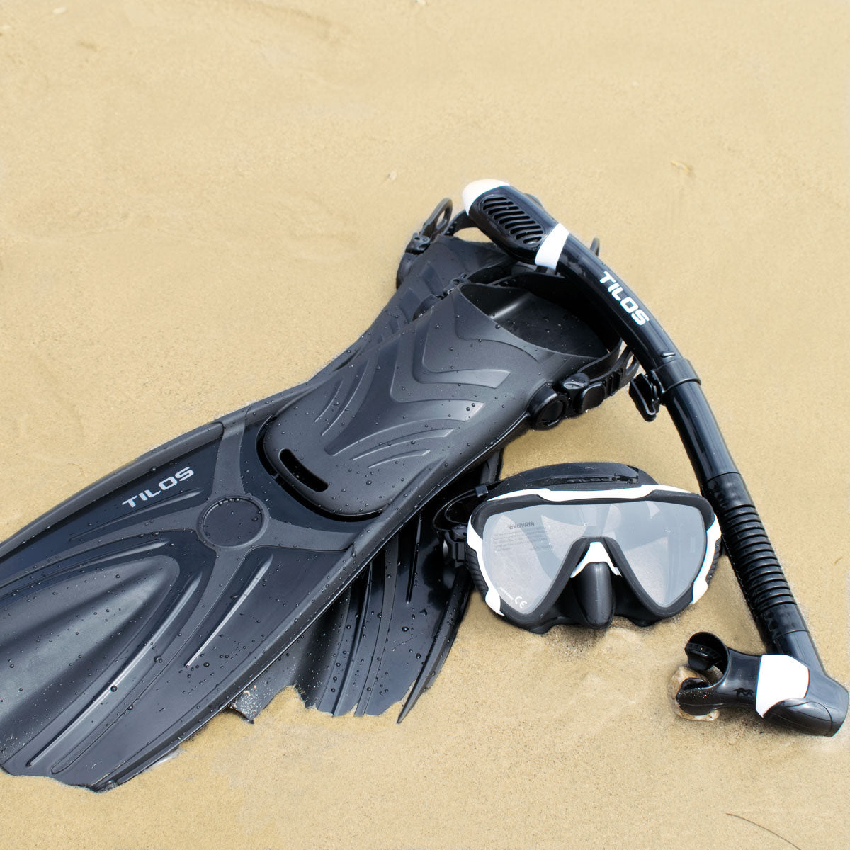 Snorkeler using the complete Tilos Morphi Mask with Diver Sleek Dry Snorkel and Aubade Fins Package set