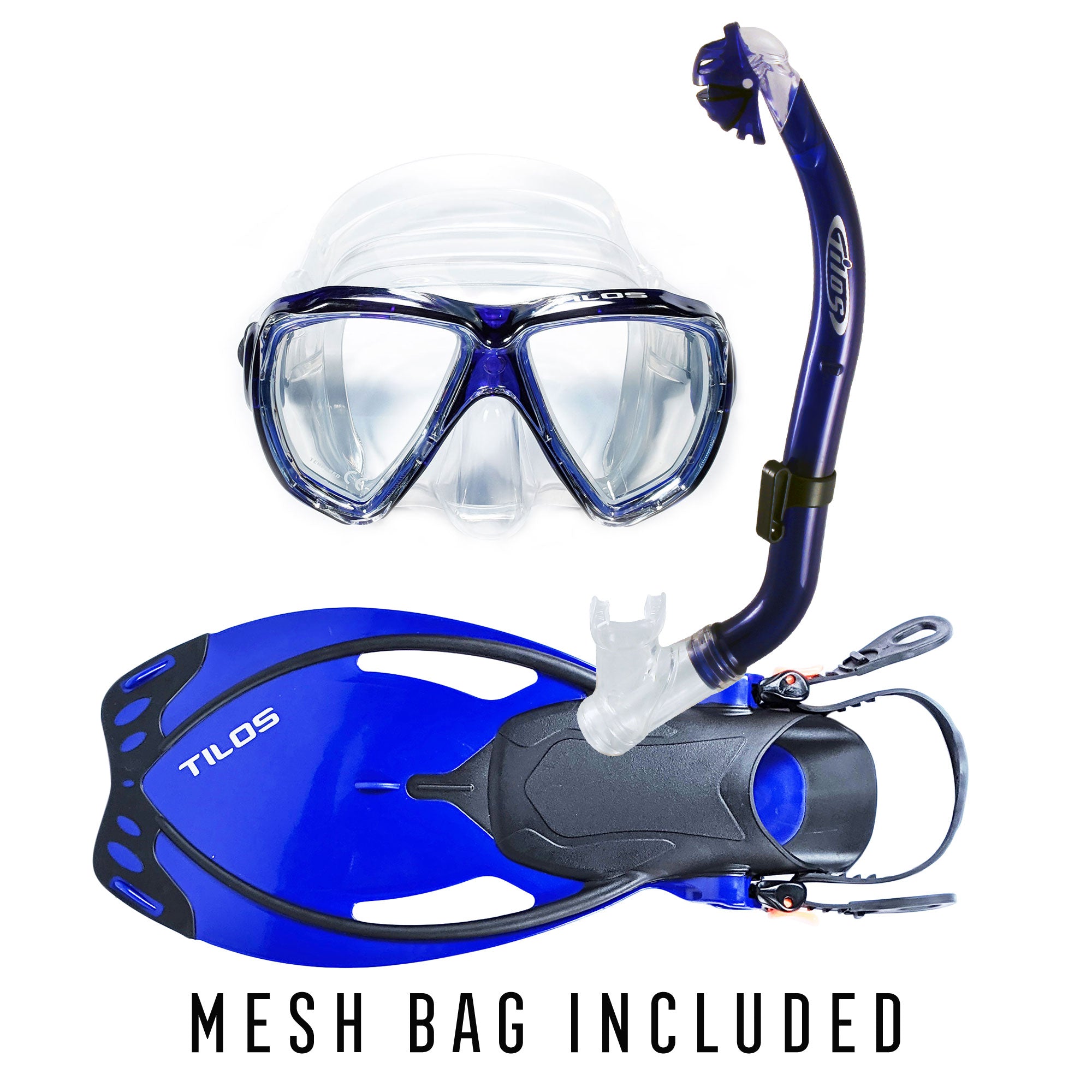 Tilos Cyclops Mask with Oracle Snorkel and Vulcan Fins Jr. Package in blue — set components detail view