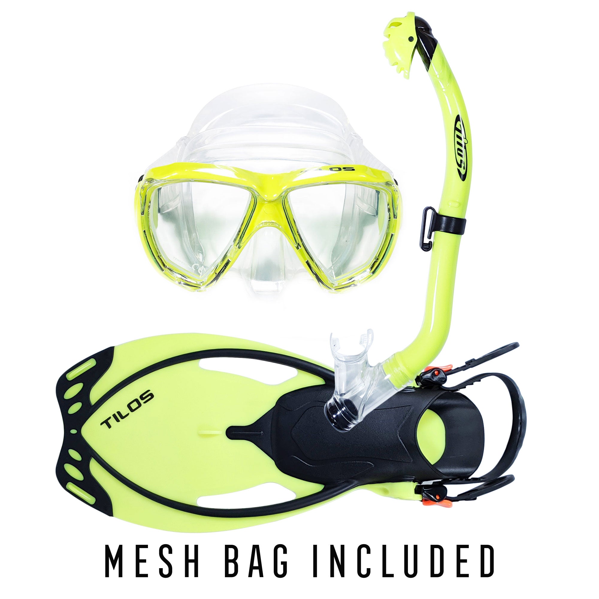 Tilos Cyclops Mask with Oracle Snorkel and Vulcan Fins Jr. Package in yellow — set components detail view