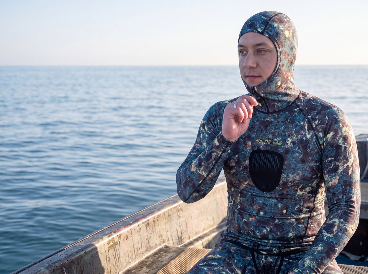 Diver wearing the green camo Tilos hooded spearfishing shirt and adjusting the hood at the surface before a dive