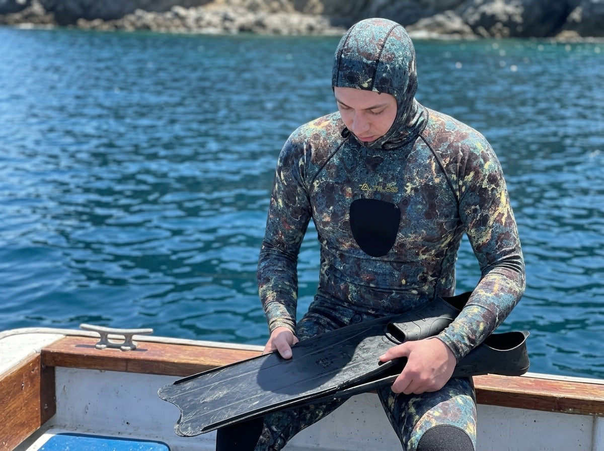 Freediver on a boat holding fins over open ocean wearing the hooded Tilos Spearfishing Shirt in oceanic green camo
