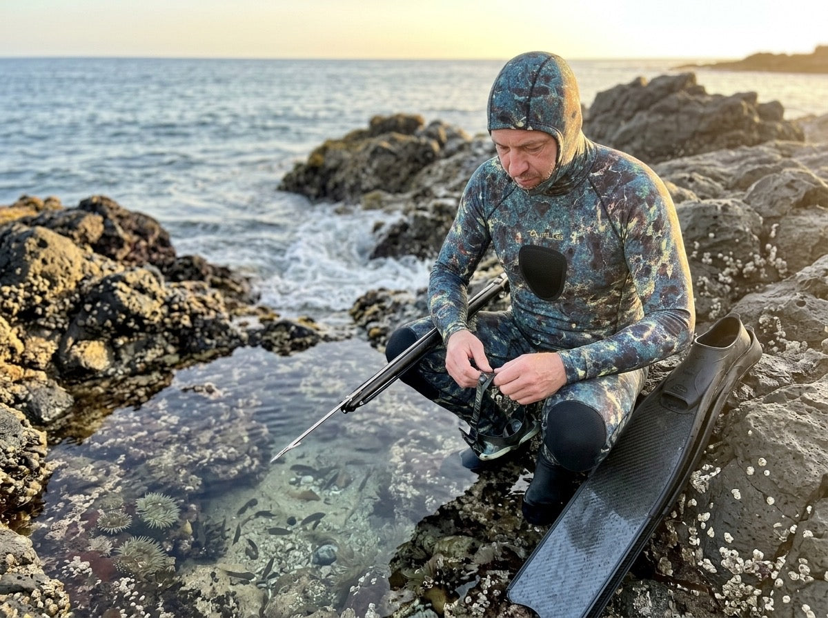 Freediver crouching by a rocky tidepool with a speargun wearing the hooded Tilos Spearfishing Shirt in oceanic green camo
