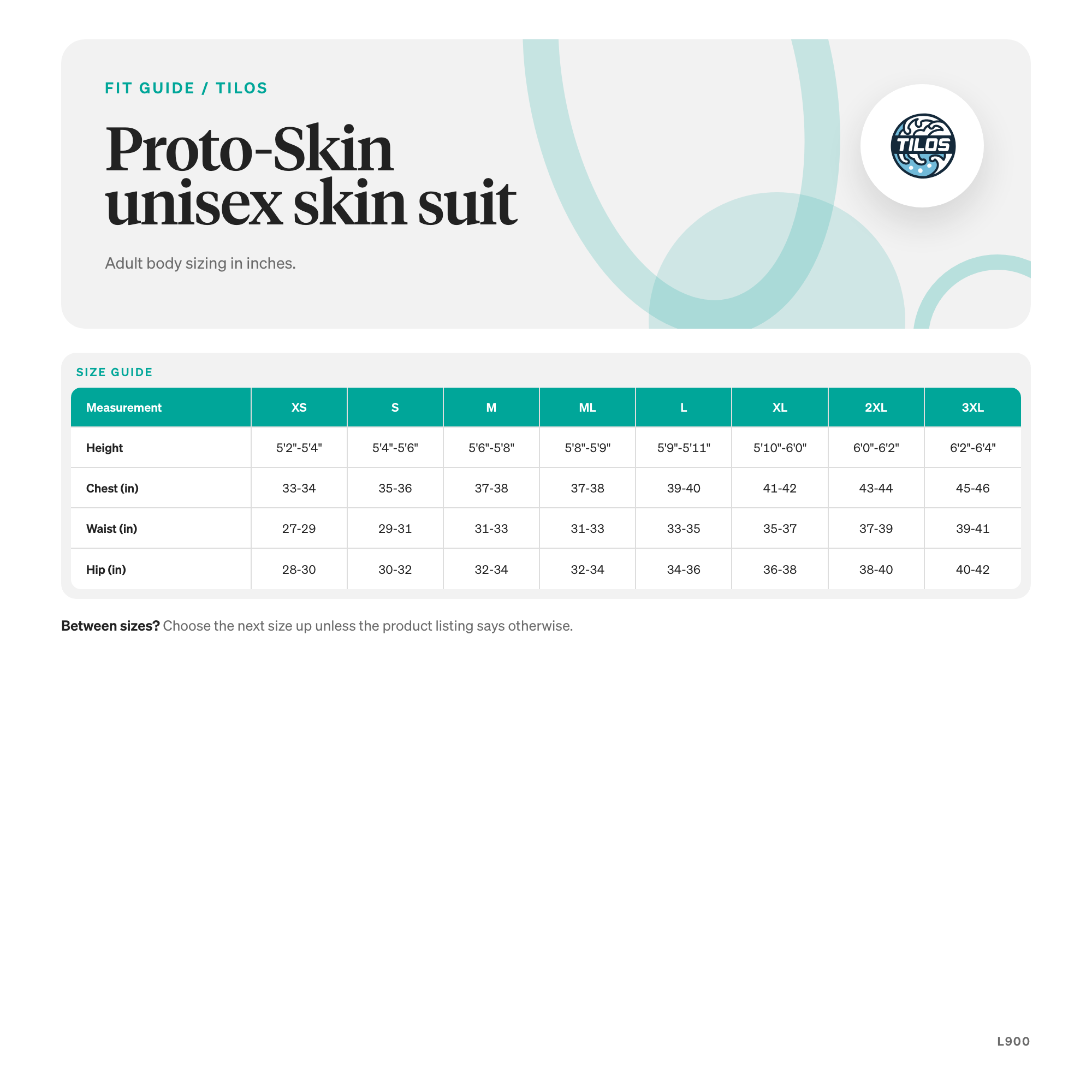 Tilos 6oz Unisex Skin Suit size guide
