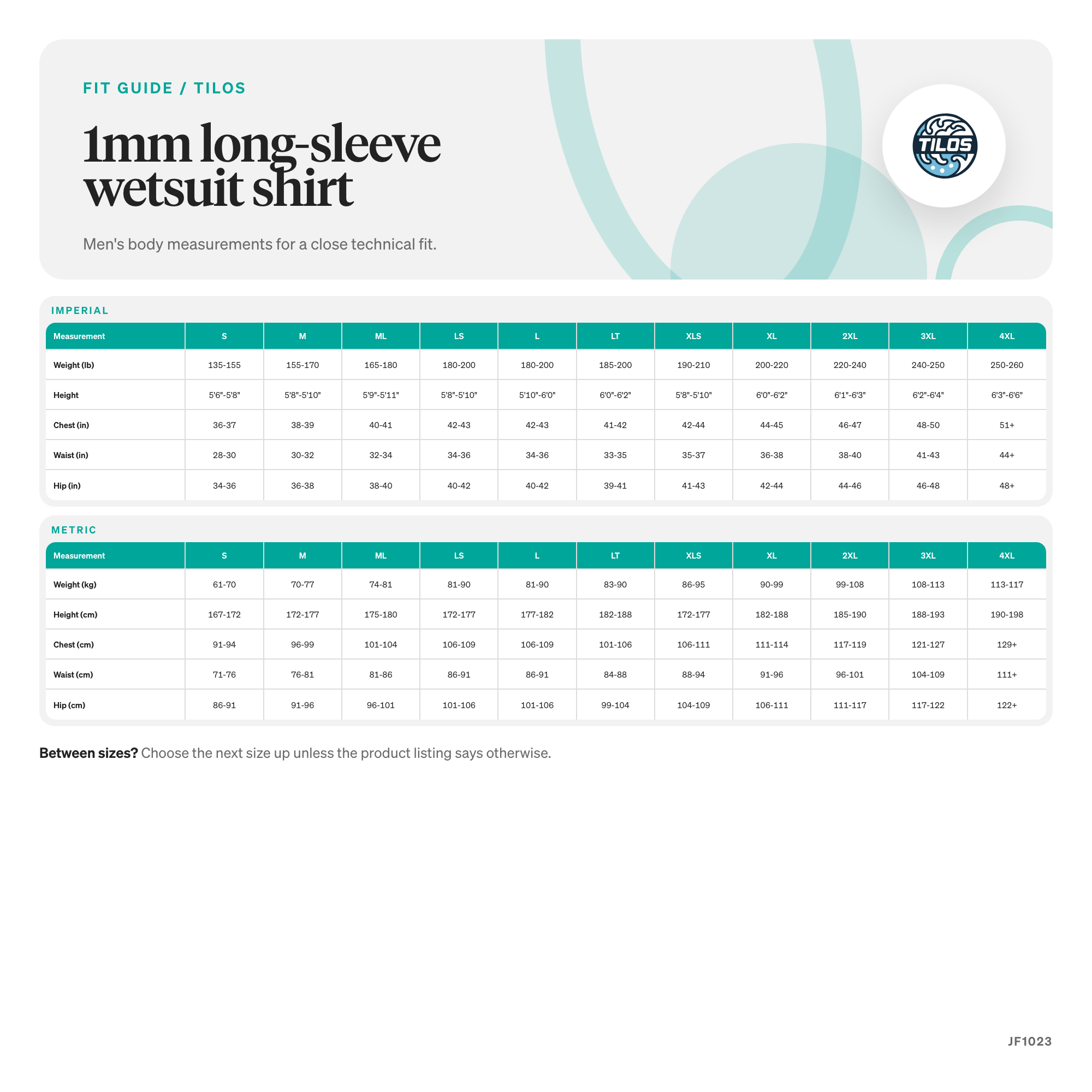 Tilos 1mm Thermoflare Shirt size guide