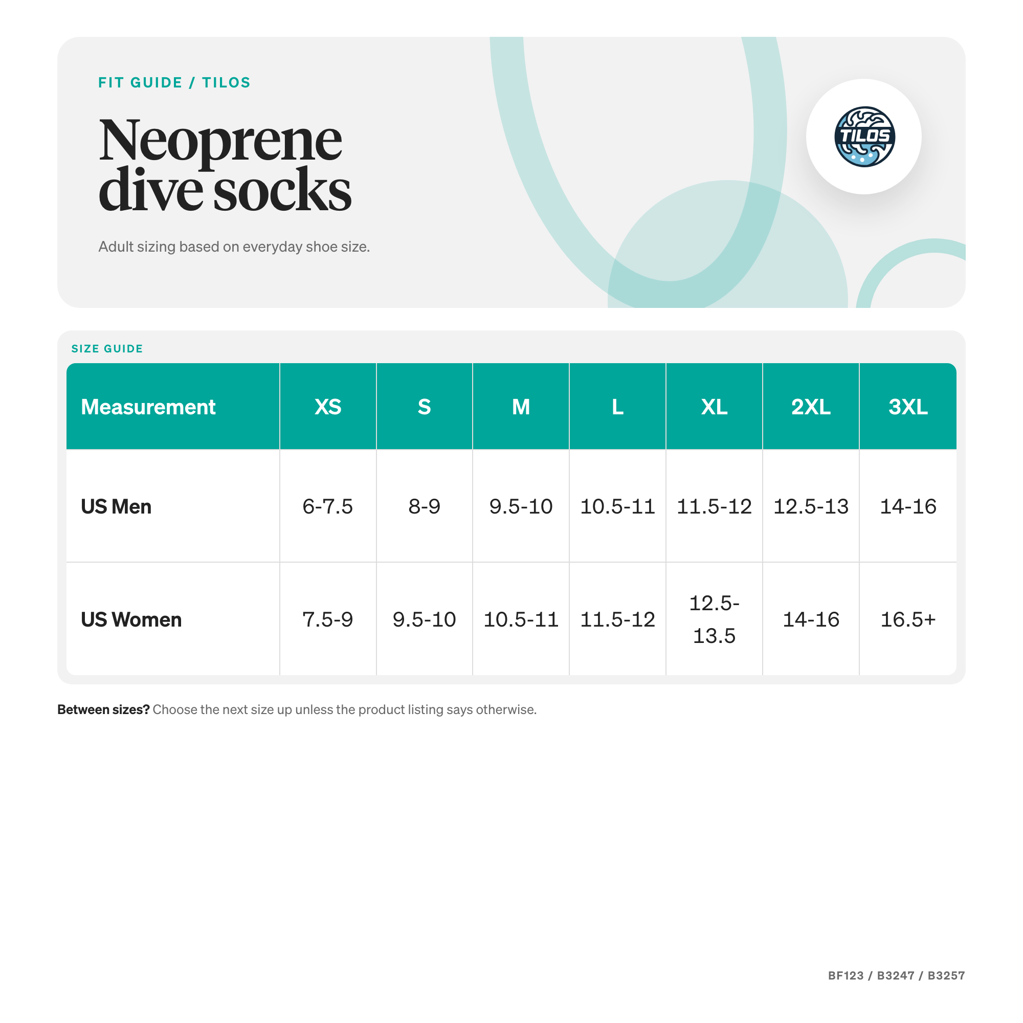 Tilos 3mm Tall Neoprene Sock size guide