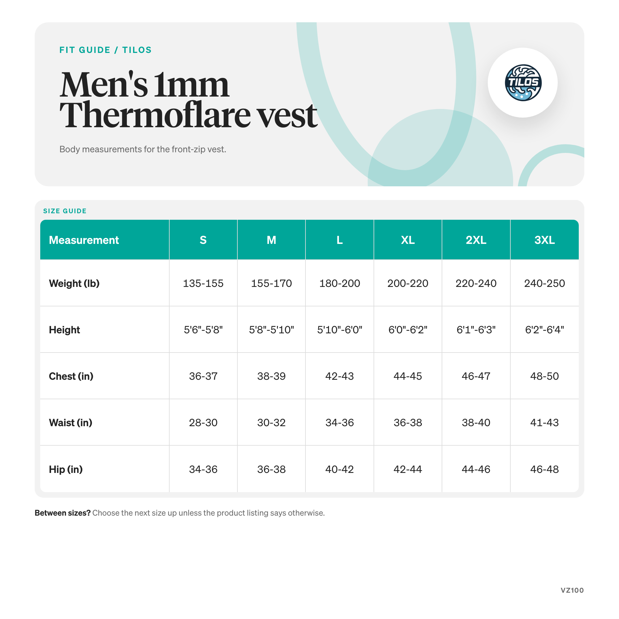 Tilos 1mm Mens Thermoflare Front Zip Vest size guide