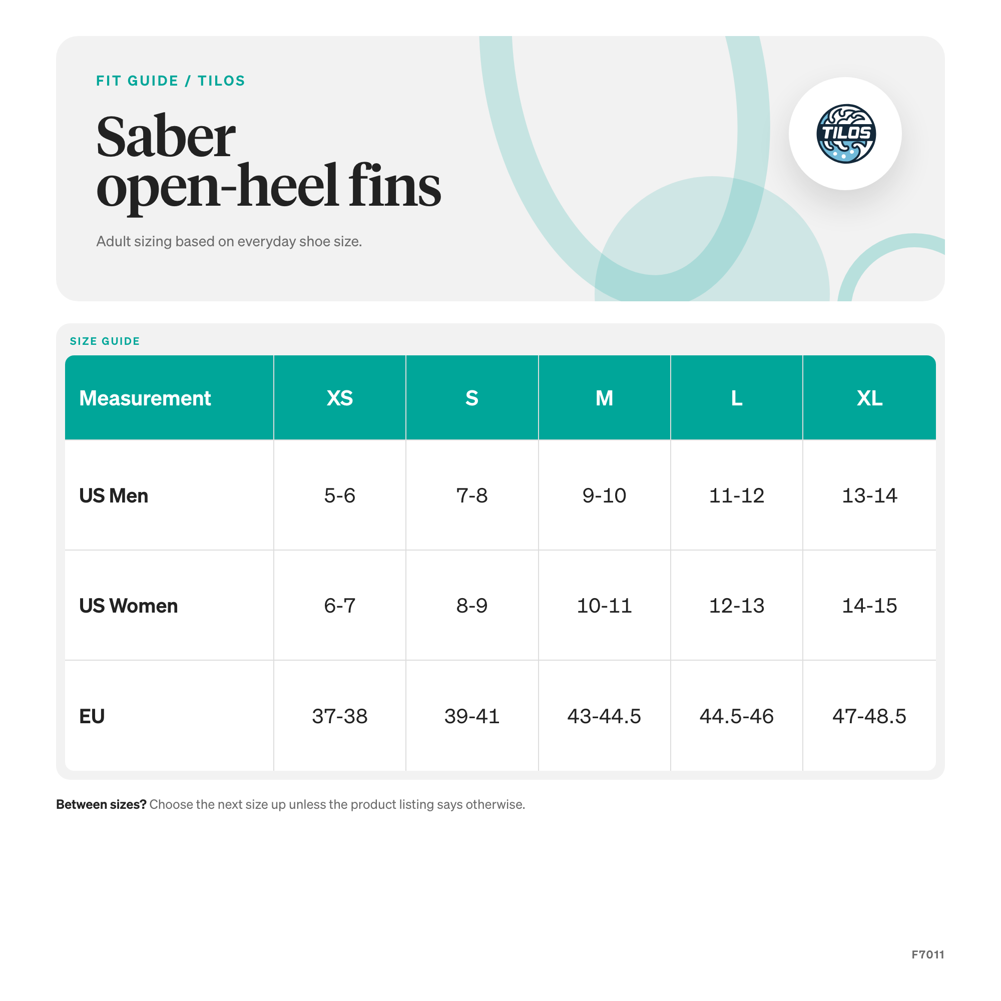 Tilos Saber Open Heel Fin size guide