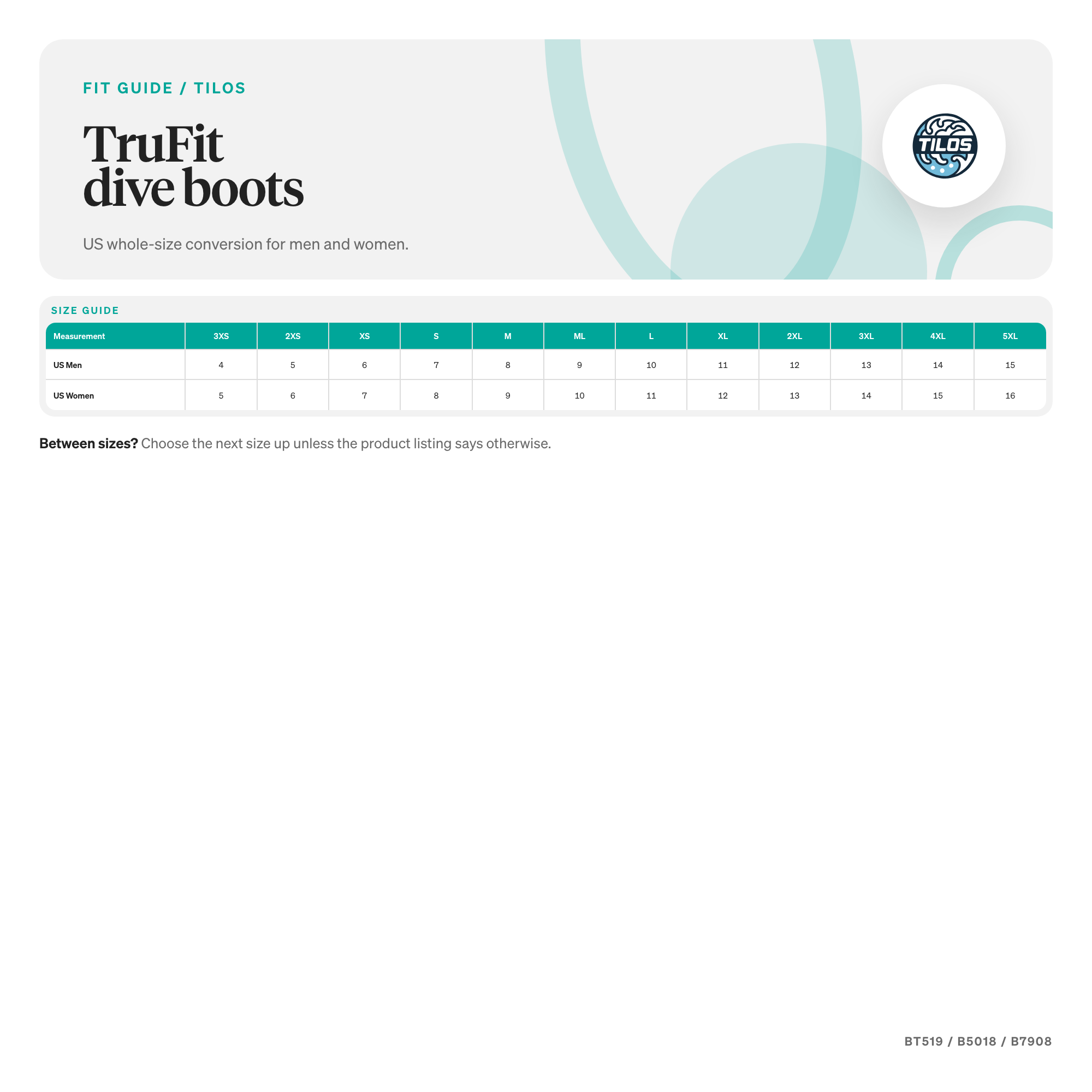 Tilos 3mm Titanium Zip Trufit Boot size guide