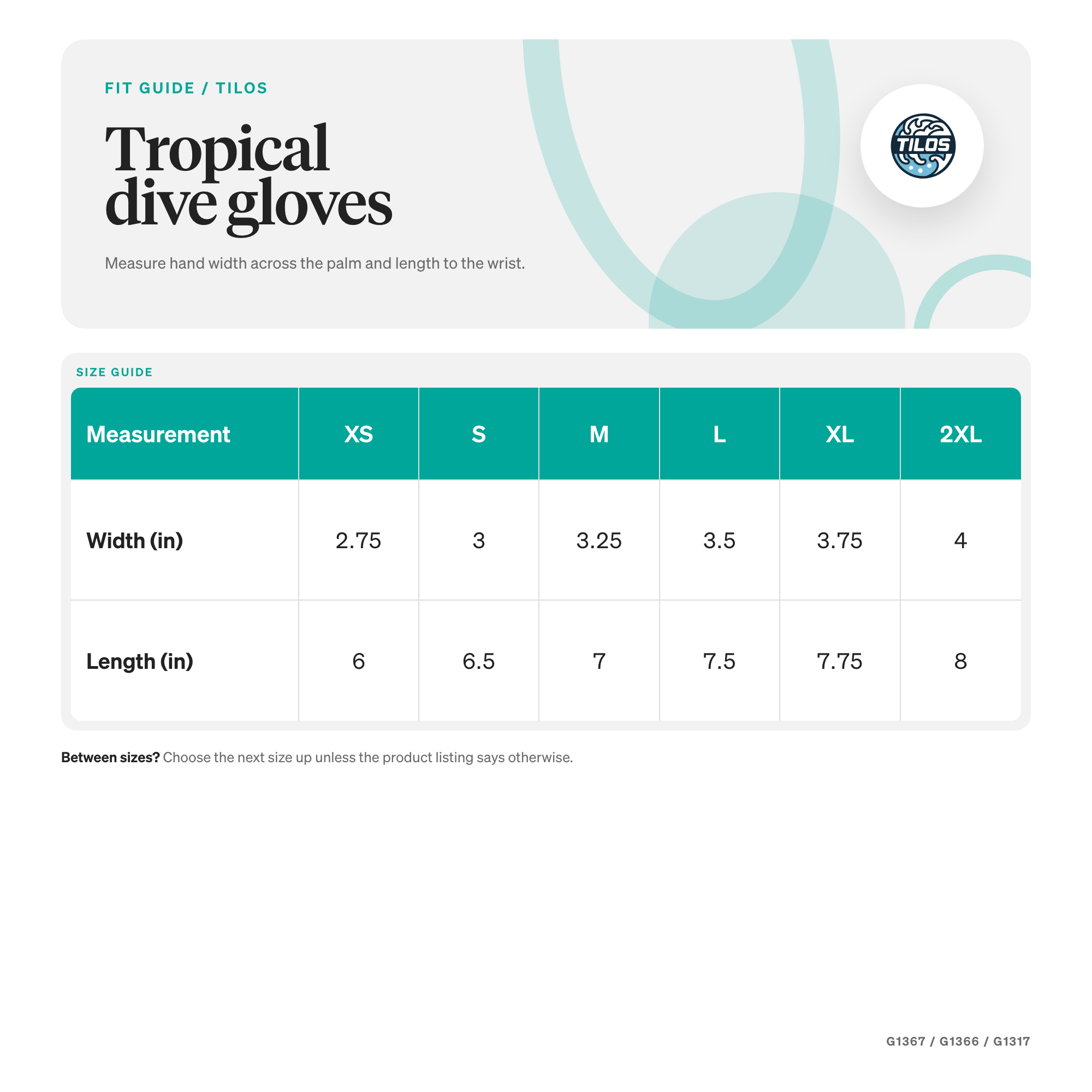 Tilos 1.5mm Tropical-X Mesh Gloves size guide