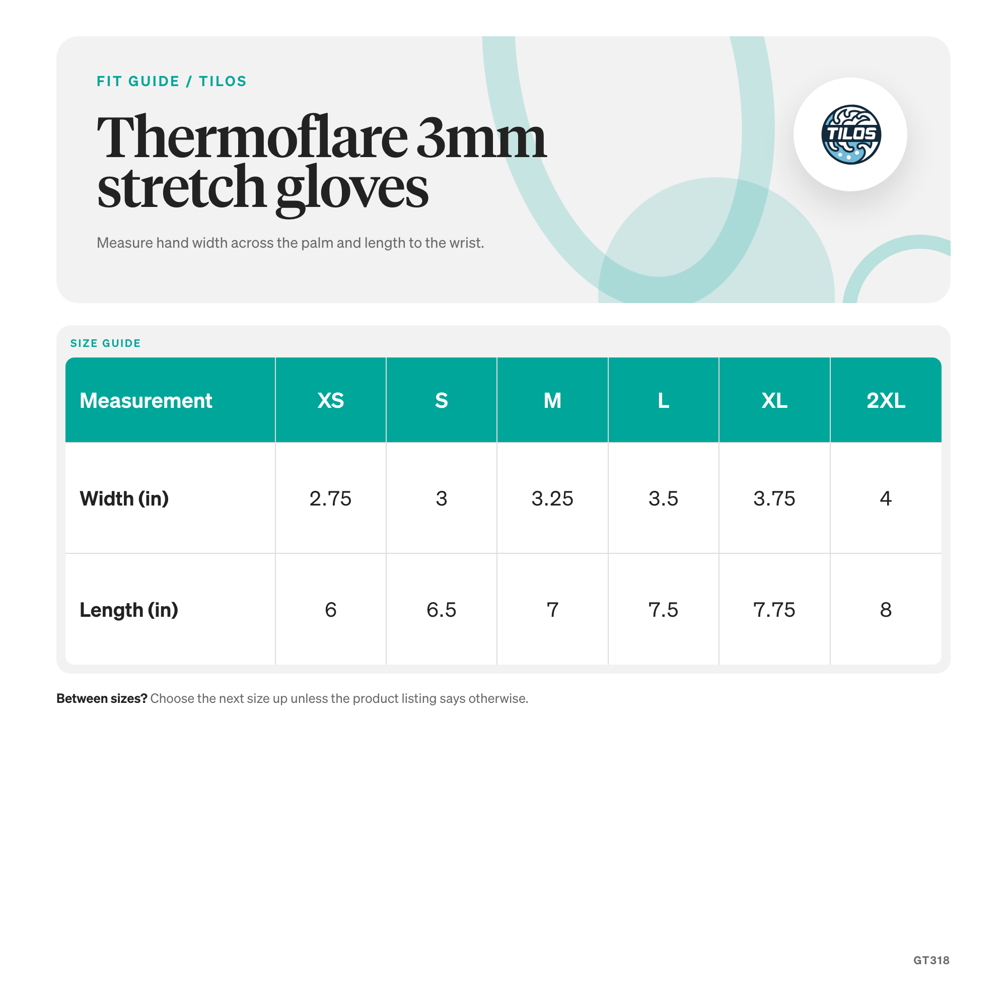 Tilos 3mm Thermoflare Superstretch Gloves size guide
