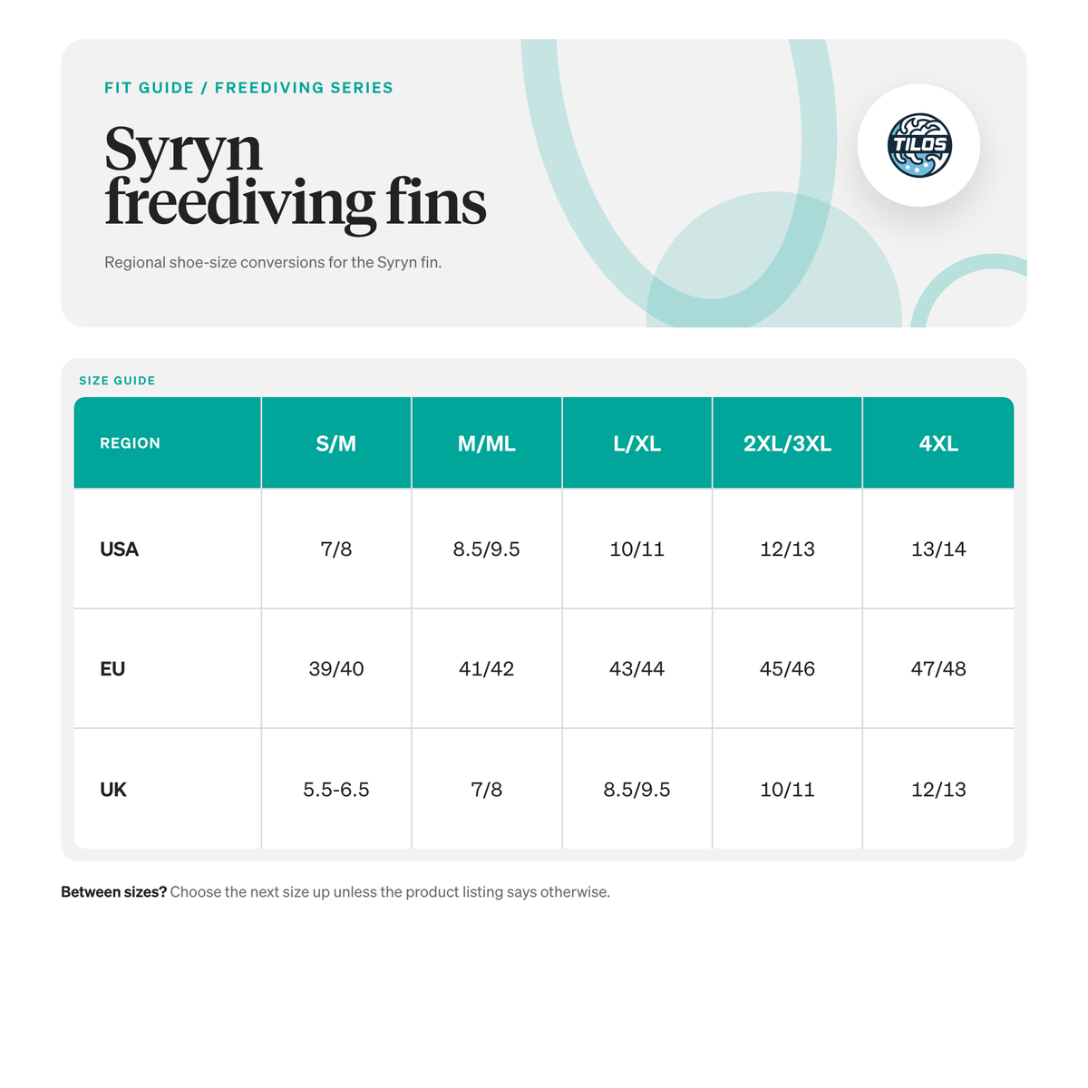 Tilos Aquastalk Mask, Spawn Snorkel and Syryn Freediving Fins size guide