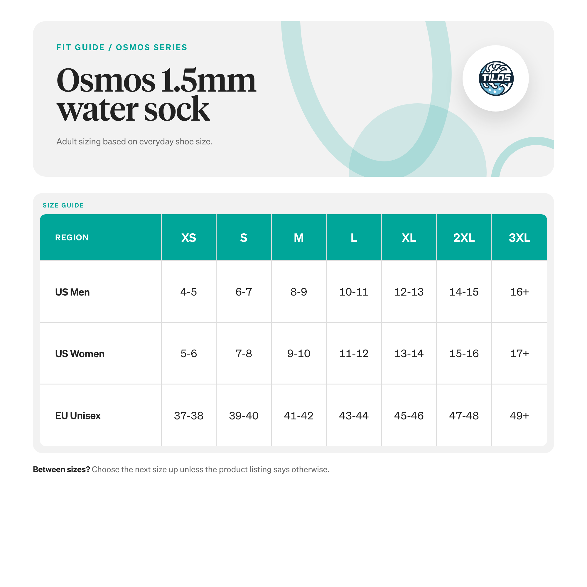 Tilos Osmos 1.5mm water sock size guide with US men, US women, and EU sizing