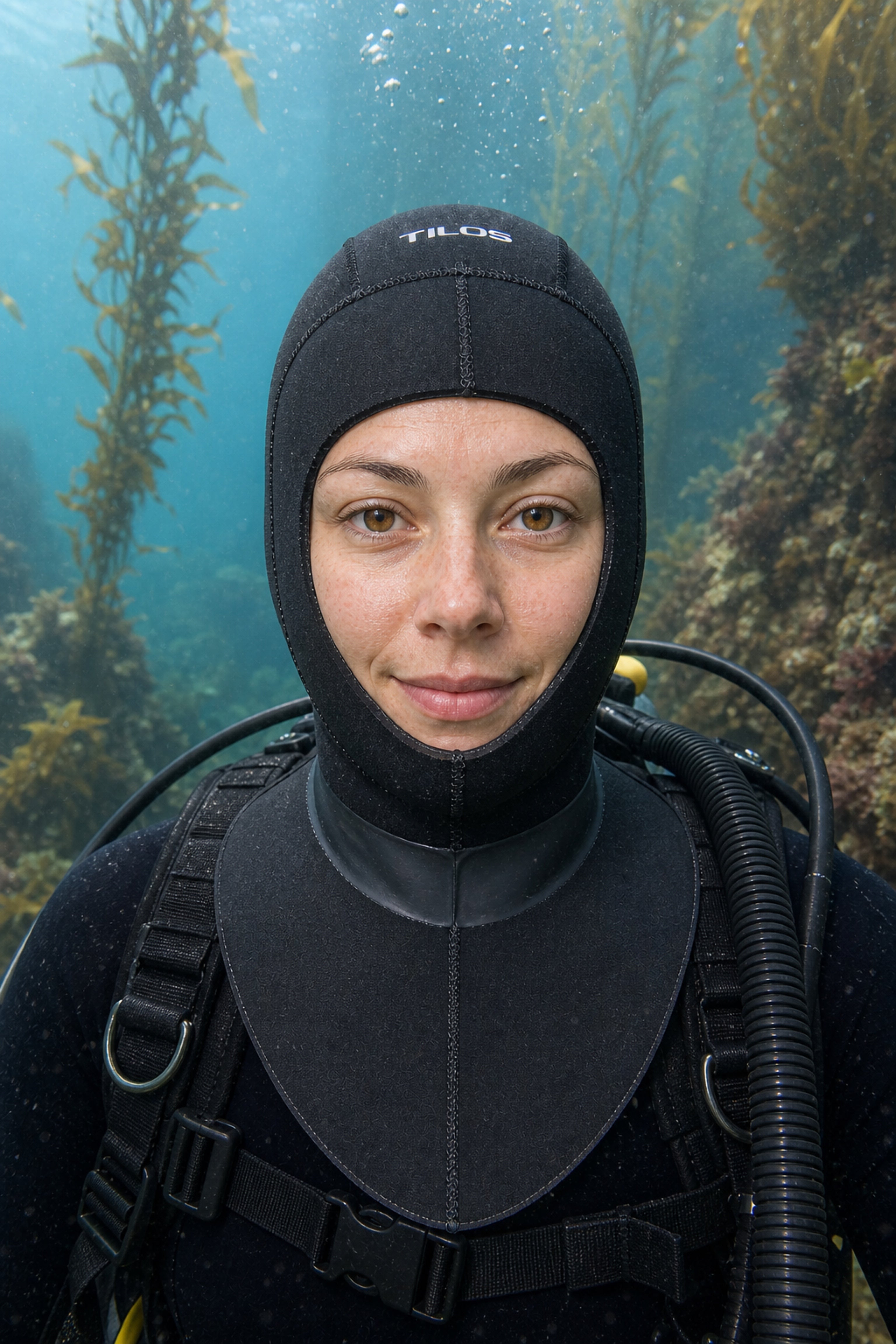 Female diver underwater wearing the Tilos H3020 3mm Neoprene Dive Hood, front view in a kelp reef