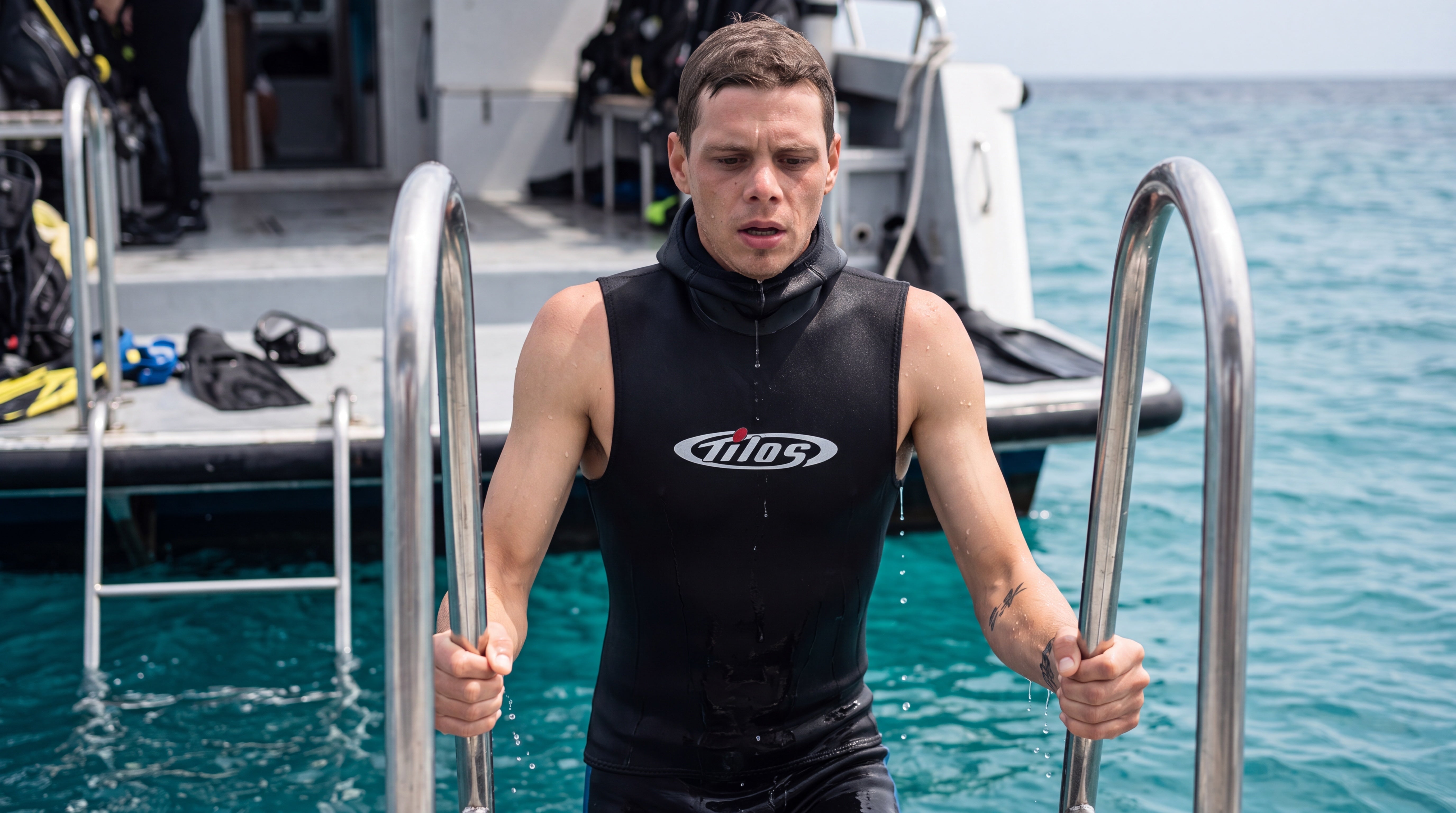 Diver climbing a boat swim ladder in the Tilos 5/3mm Superstretch Hooded Vest, water dripping off the neoprene