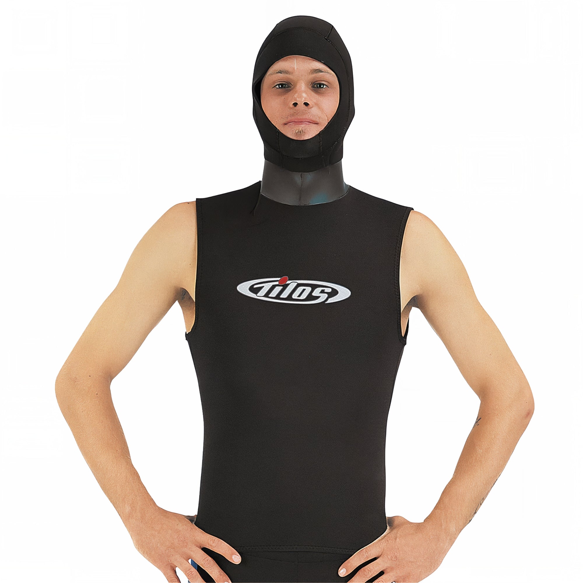 Tilos 5/3mm Superstretch hooded vest — 5mm hood and 3mm smoothskin-neck neoprene body, front view worn on model
