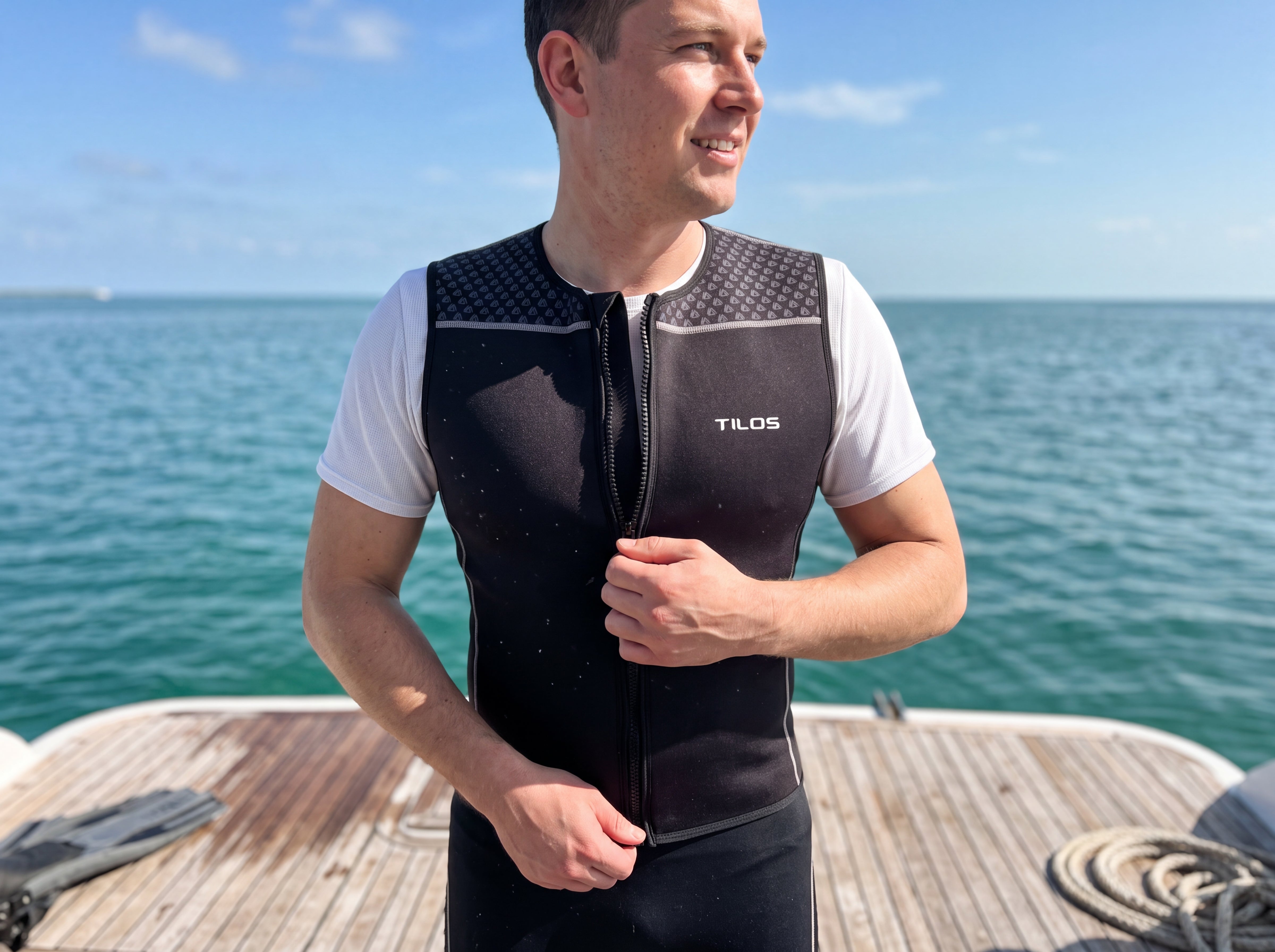 Diver on a dive boat deck zipping up the Tilos 1mm Mens Thermoflare Front Zip Vest with the ocean behind