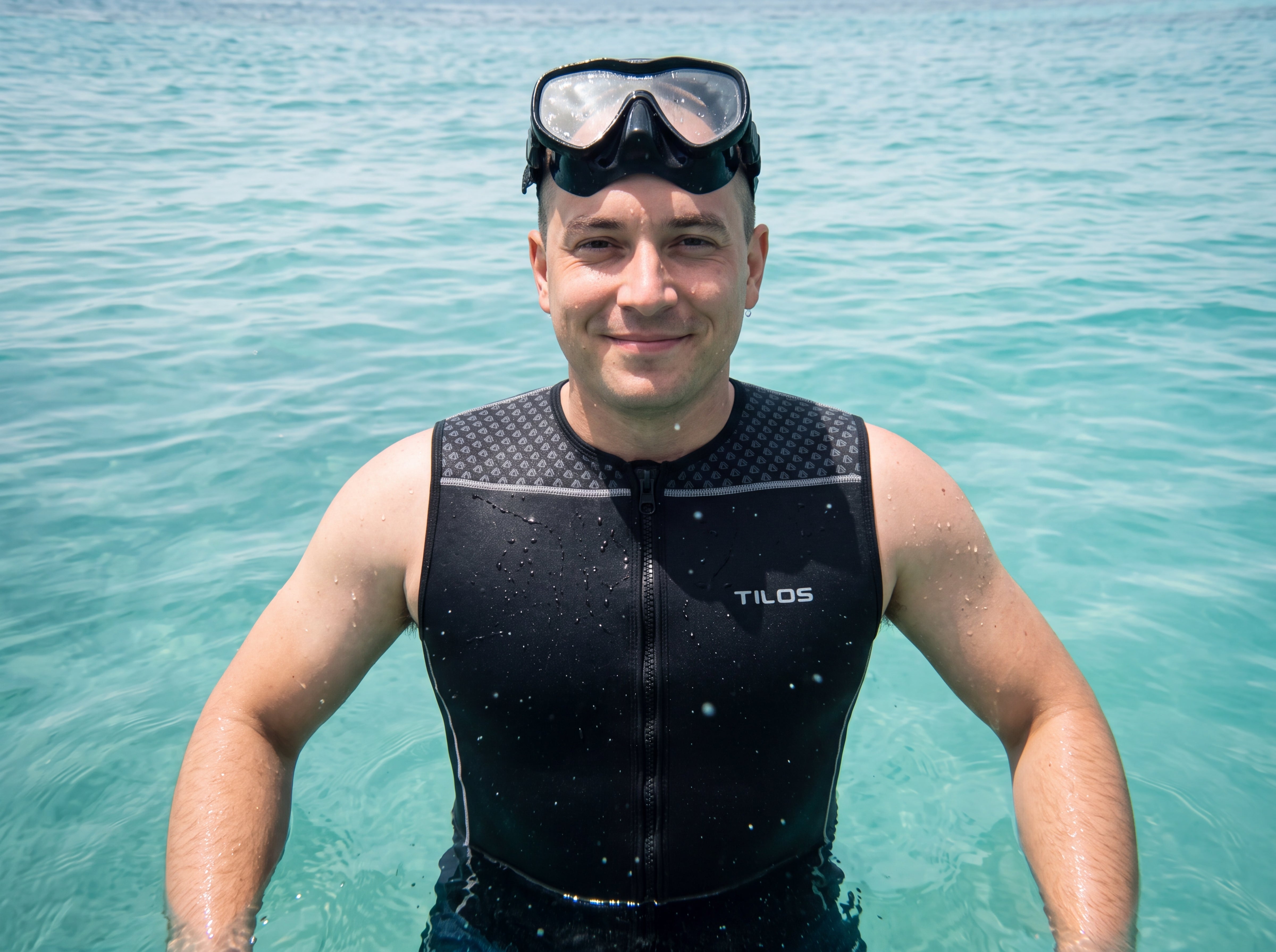 Snorkeler wearing the Tilos 1mm Mens Thermoflare Front Zip Vest standing in clear turquoise water after a dive