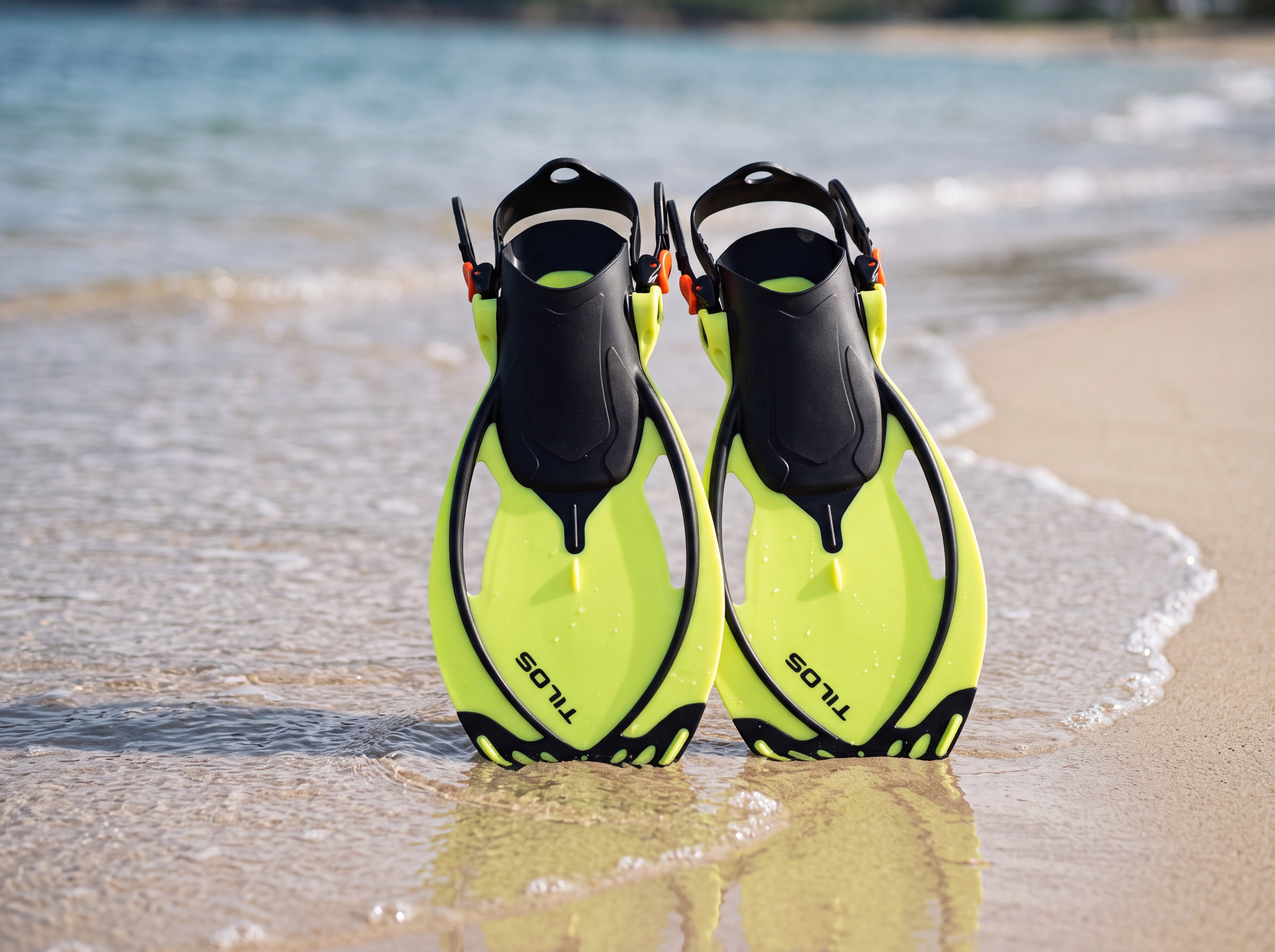 Tilos Vulcan Jr yellow kids snorkel fins at the water on the beach