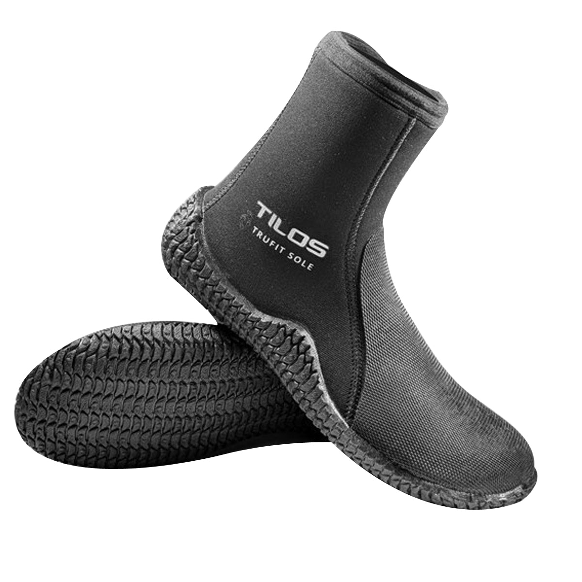 Tilos 7mm Trufit Puncture Resistant Boot in black — dive boot showing neoprene upper and rubber sole