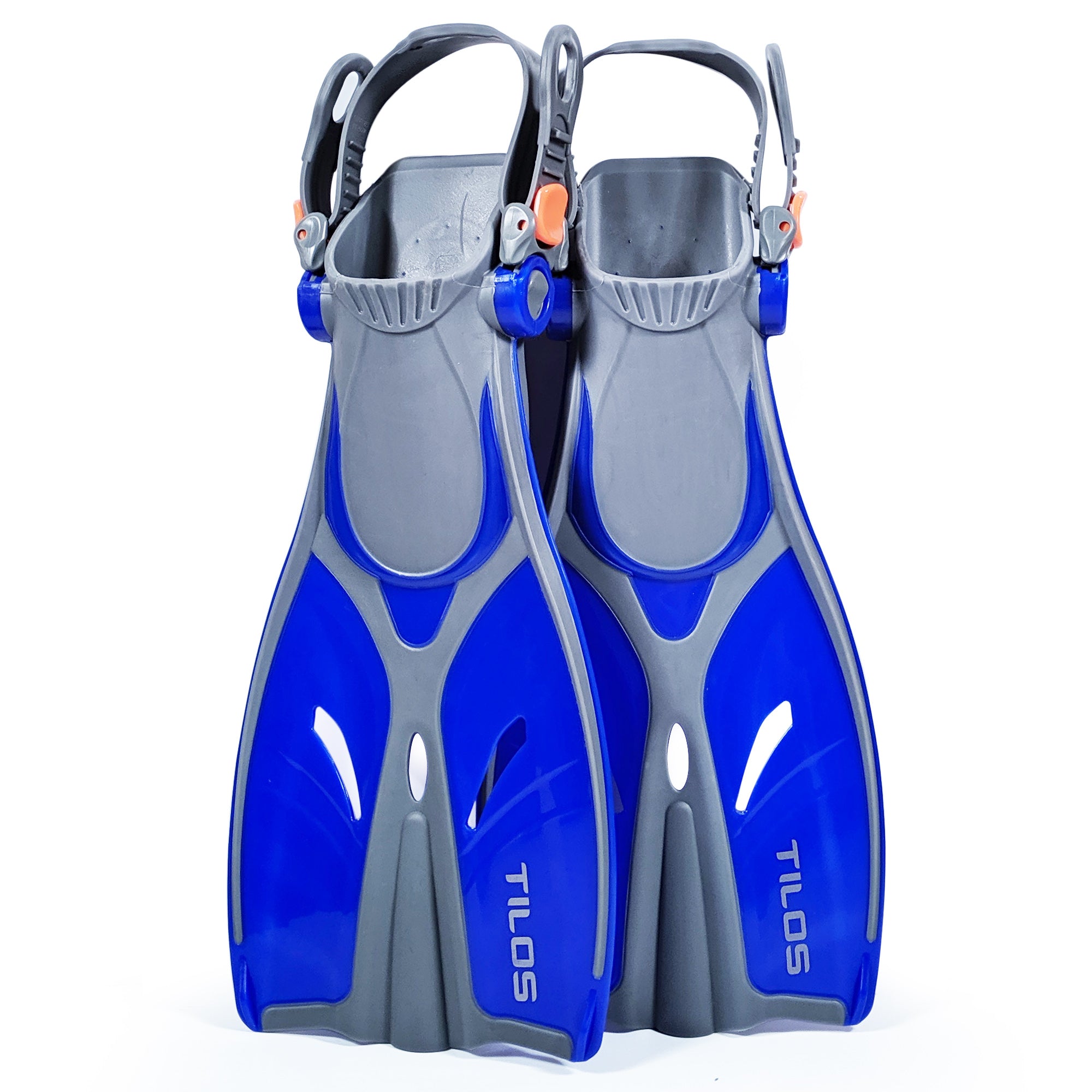 Tilos Kids Jovie Open Heel Snorkeling Fin in blue — kids fin showing blade and adjustable foot pocket