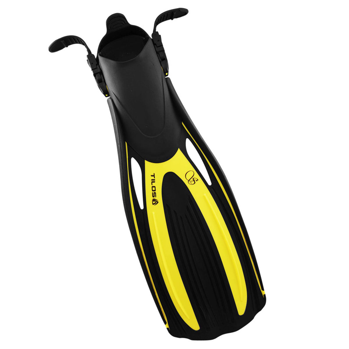 Tilos Saber Open Heel Fin in yellow — open heel fin, front view showing blade and foot pocket