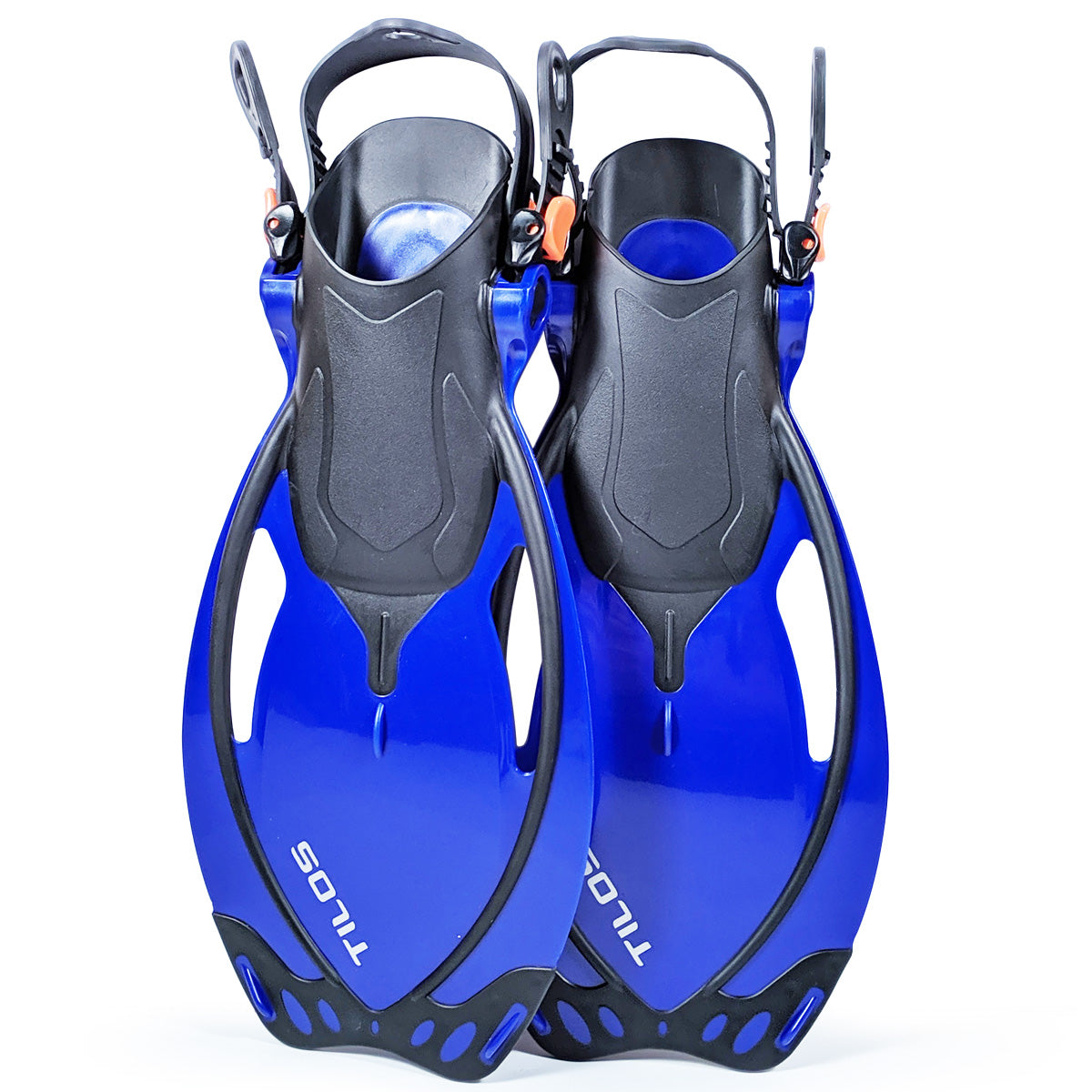 Tilos Vulcan Jr Open Heel Fin in blue — kids fin showing blade and adjustable foot pocket