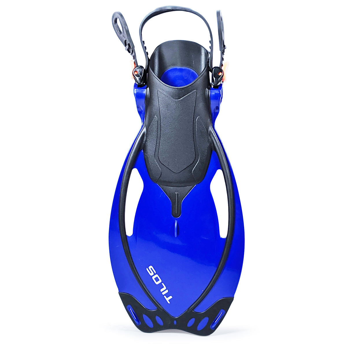 Tilos Vulcan Jr Open Heel Fin in blue — kids fin showing blade and adjustable foot pocket