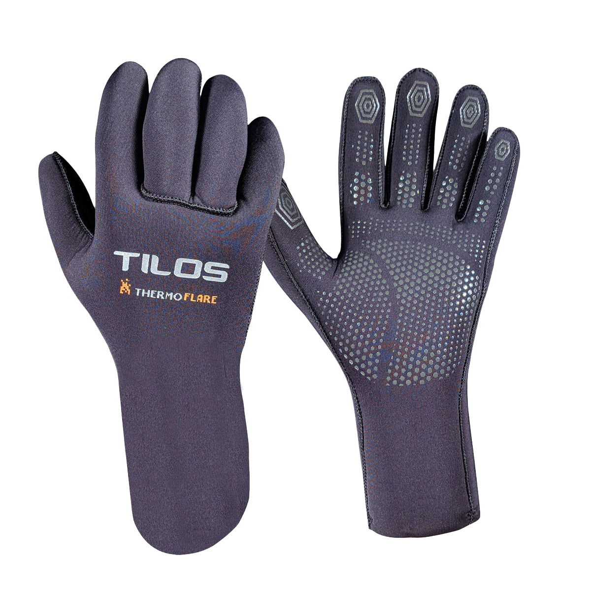 Tilos 3mm Thermoflare Superstretch Gloves in black — neoprene dive glove, back of hand view