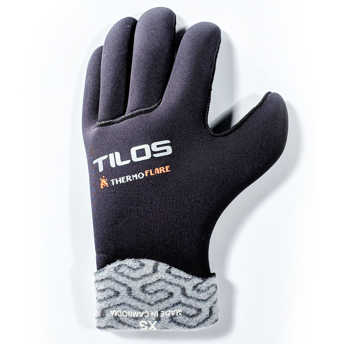 Tilos 3mm Thermoflare Superstretch Gloves in black — palm view showing grip texture